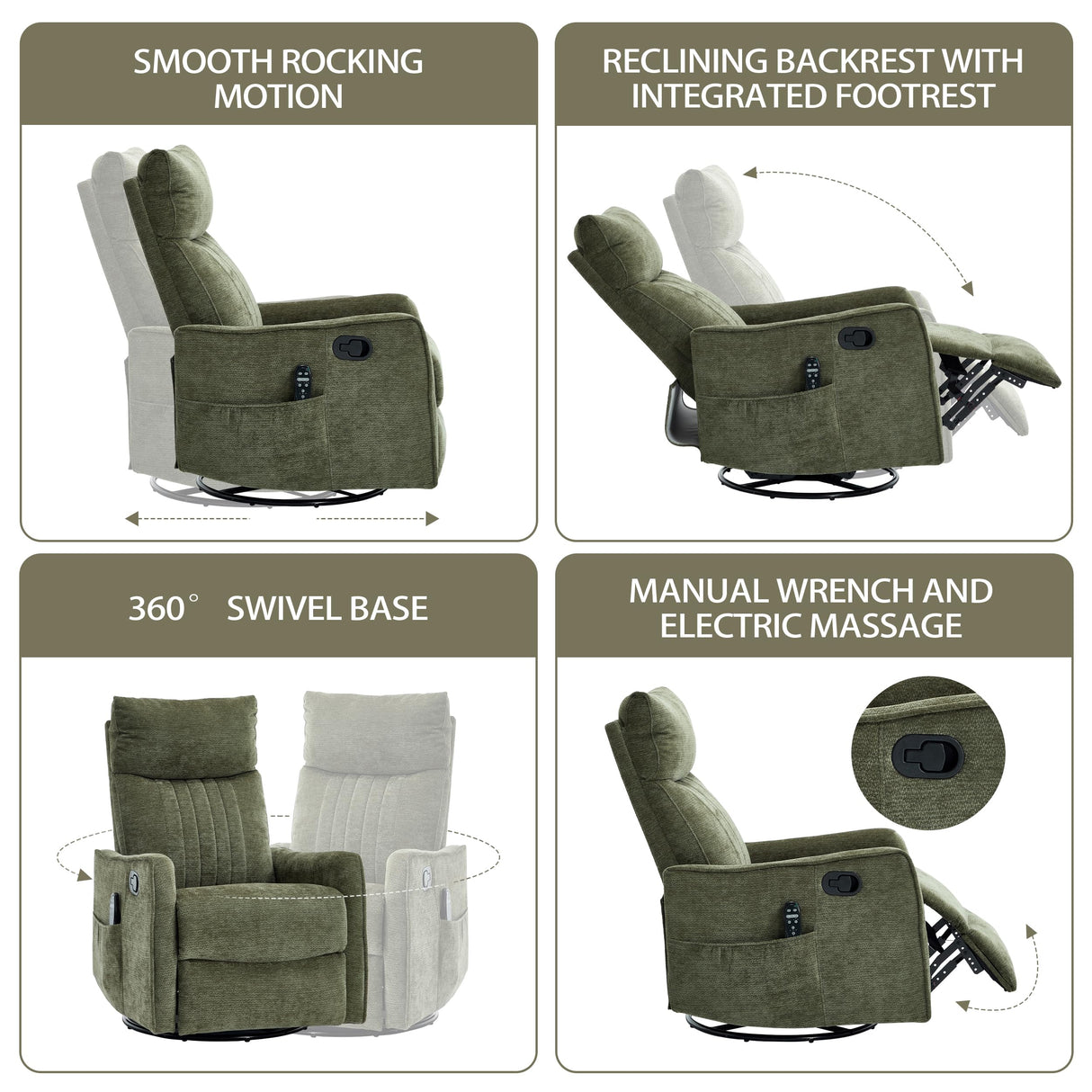 PELUMY Recliner Chair Swivel Rocking with Heat Massage - 360° Manual Recliner, 8-Point Vibrating & Lumbar Heat, Easy Assembly Chair for Living Room (Chenille, Green) PELUMY