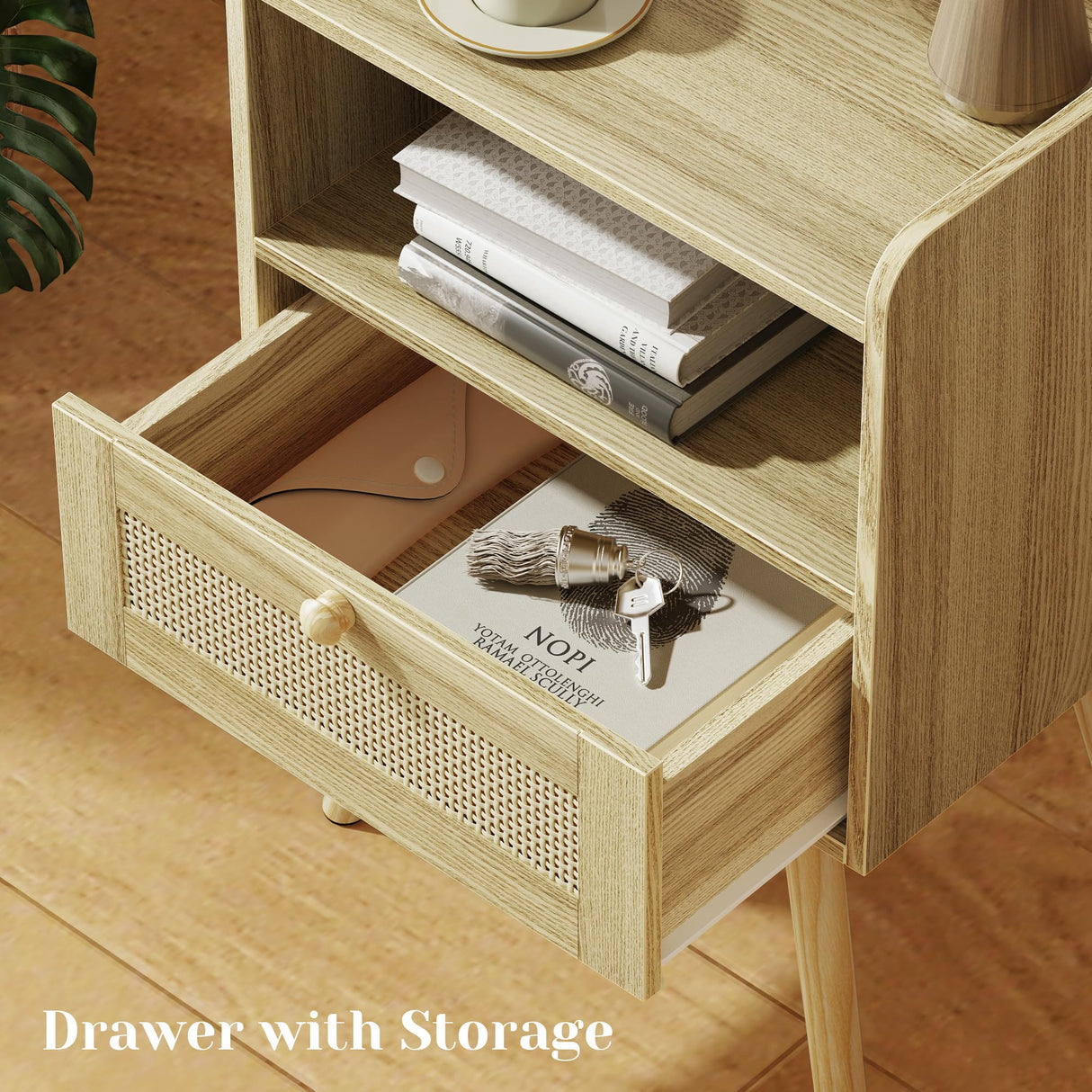 SUPERJARE Nightstands Set of 2, Night stands with Charging Station & PE Rattan Decor Drawer, Bed Side Tables with Solid Wood Feet, End Table, for Bedroom, Living Room - Natural SUPERJARE