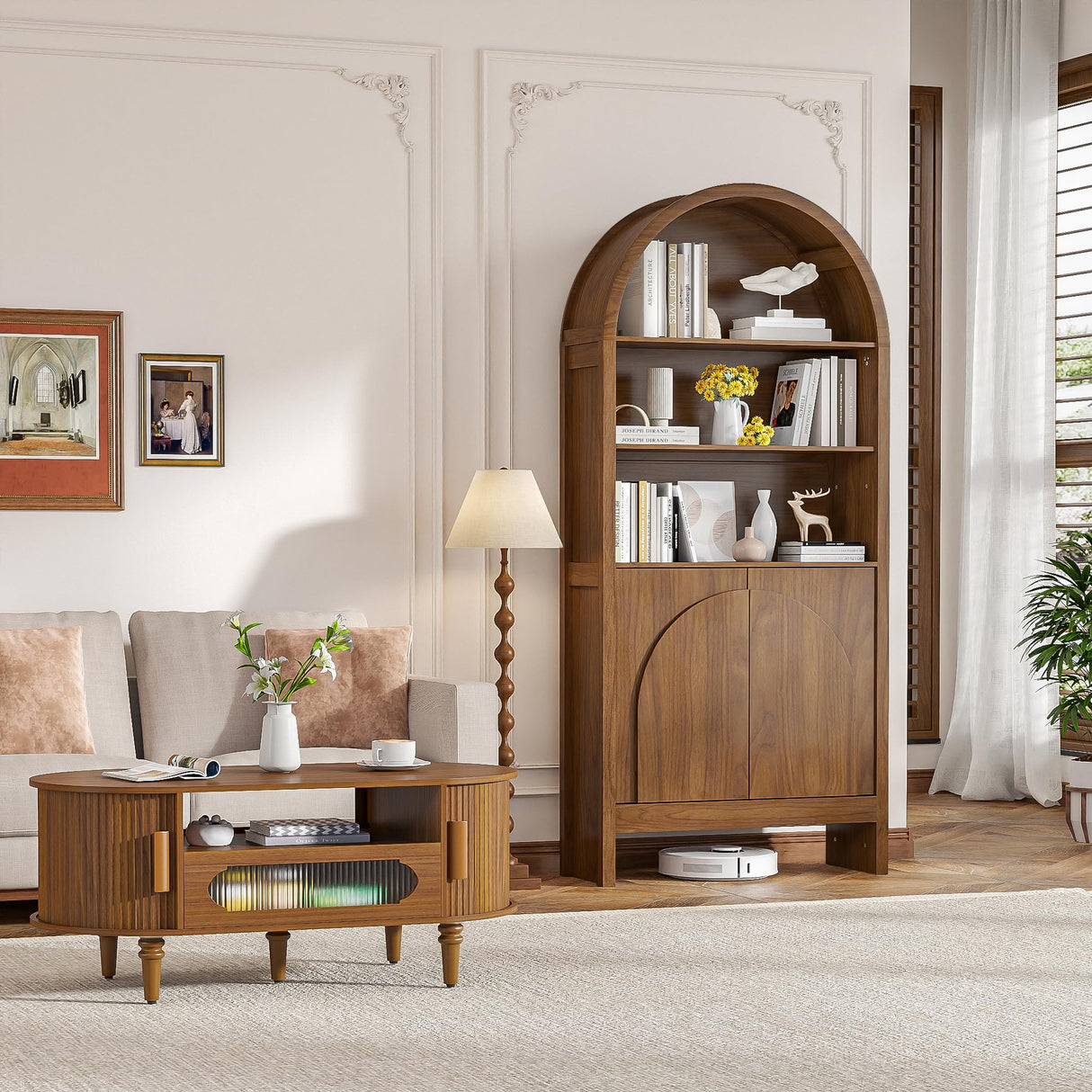 Mid Century Arched Bookcase, 5 Shelf Tall Book Shelf with Doors, 71 Inch Display Case Storage Cabinet, Large Library Arch Bookshelf, Wooden 5 Tier Book Case for Living Room, Office, Brown, Walnut Jluomei