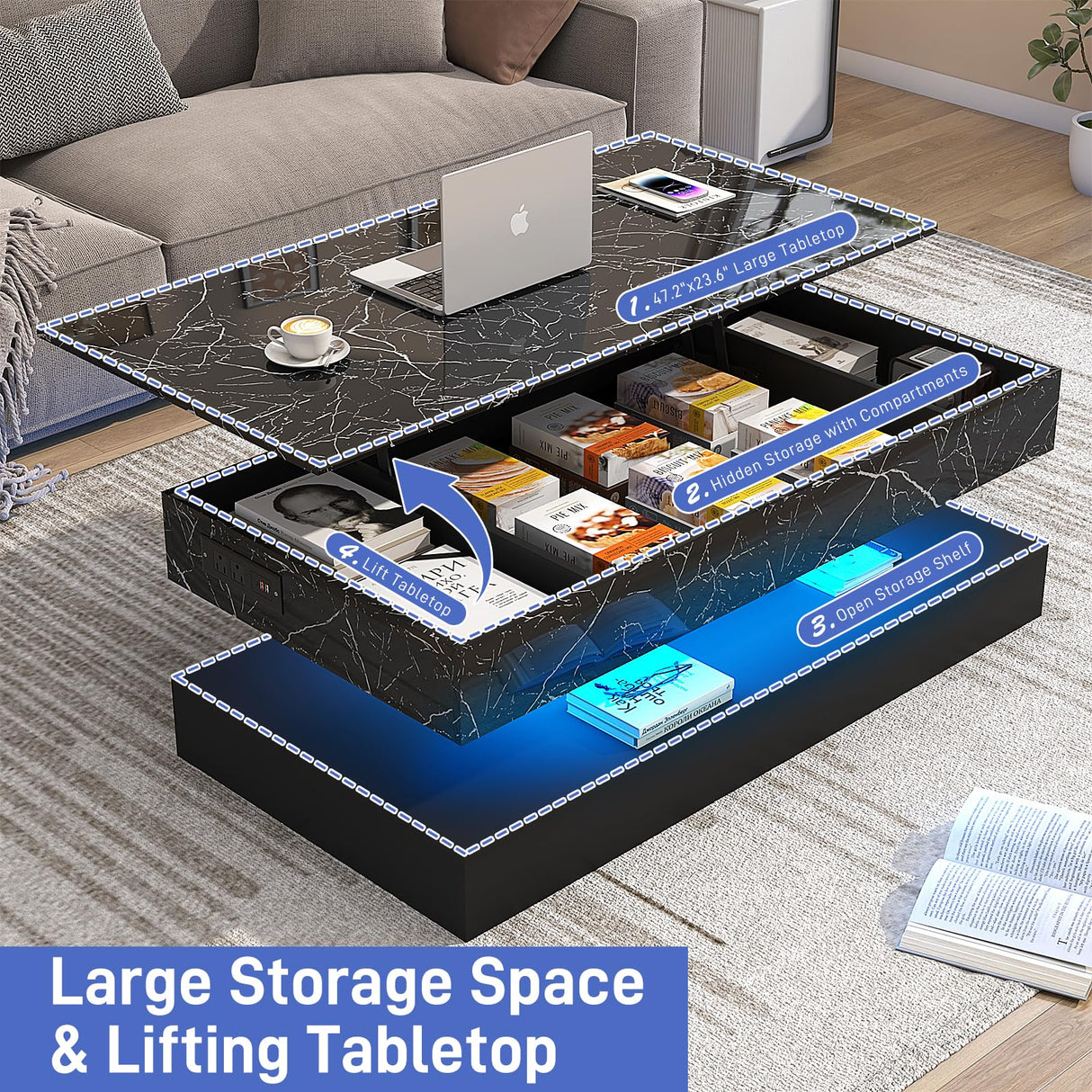 chartustriable 47.2" Large Lift Top Coffee Table with Charging Station, LED Modern High Glossy Center Table with Hidden Compartment Storage, White Lift Living Room Tables with Marbling Print, Black chartustriable