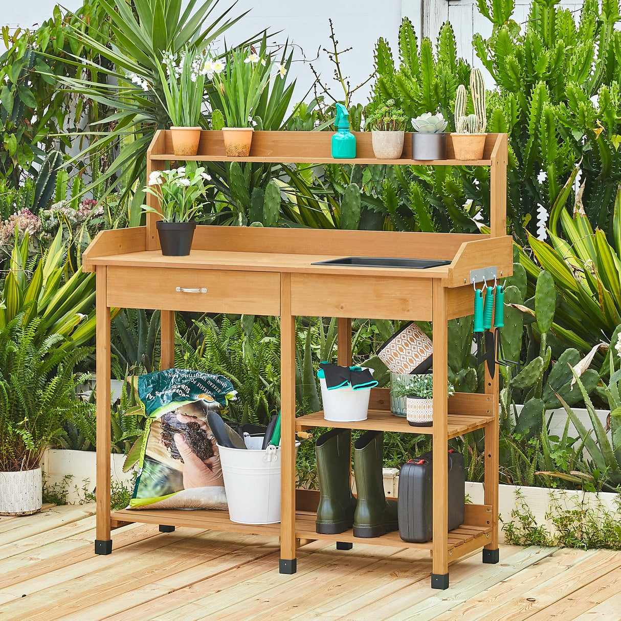 Yaheetech Potting Bench Outdoor Garden Work Bench Station Planting Solid Wood Construction for Horticulture w/Sink Drawer Rack Shelves Natural Wood Yaheetech