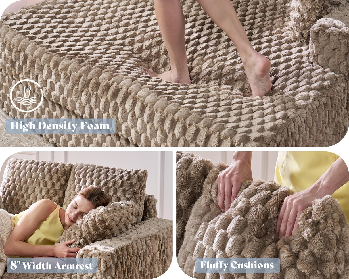 VanAcc 53 Inch Upholstered Chaise Lounge, Plush Sleeper Chair with Throw Pillows and Armrests, Sofa Bed Indoor for Living Room, Brown VanAcc