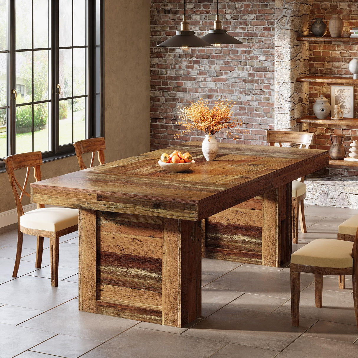 Tribesigns 63'' Farmhouse Dining Table for 6, Rectangle Wooden Kitchen Table with Heavy-Duty Legs, Rustic Large Dining Room Furniture for Family Meals, Banquets & Dinner Parties, Brown Tribesigns