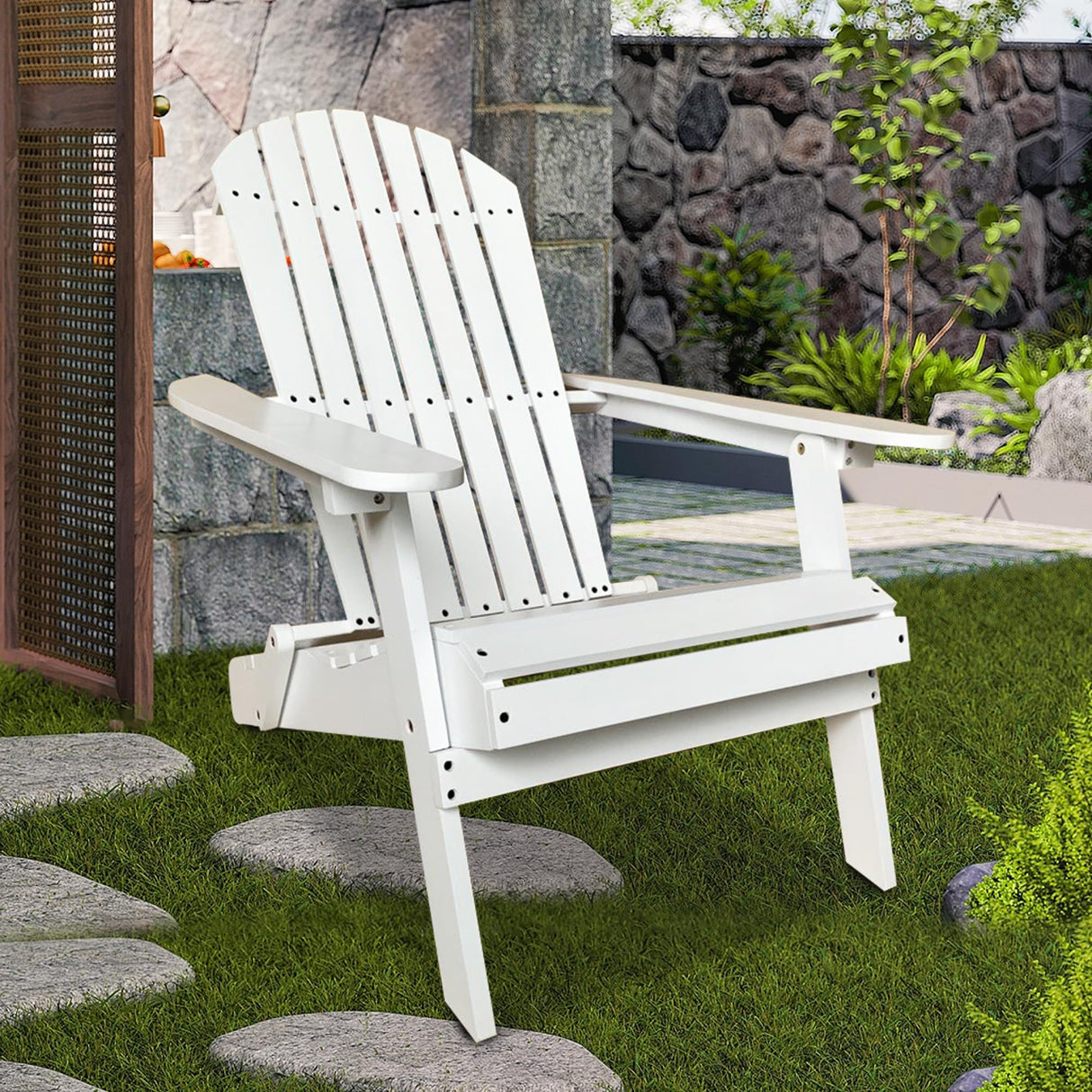 Wooden Adirondack Chair Outdoor Folding Patio Lounge Chair All Weather Fire Pit Chair with Easy Assemble for Outdoor Patio Lawn Garden Beach, White PayLessHere