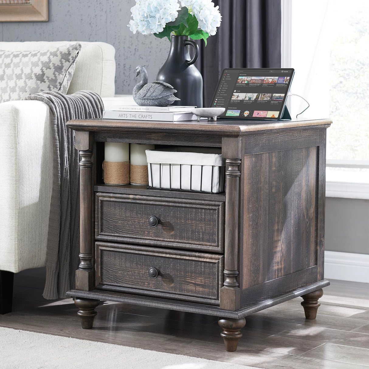 T4TREAM 24'' Farmhouse End Table w/4 Solid Wood Feet, Large 2 Drawers Wide Sofa Side Table with Charging Station, Tall Rustic Wood Square Nightstand for Living Room, Bedroom, Office, Dark Rustic Oak T4TREAM