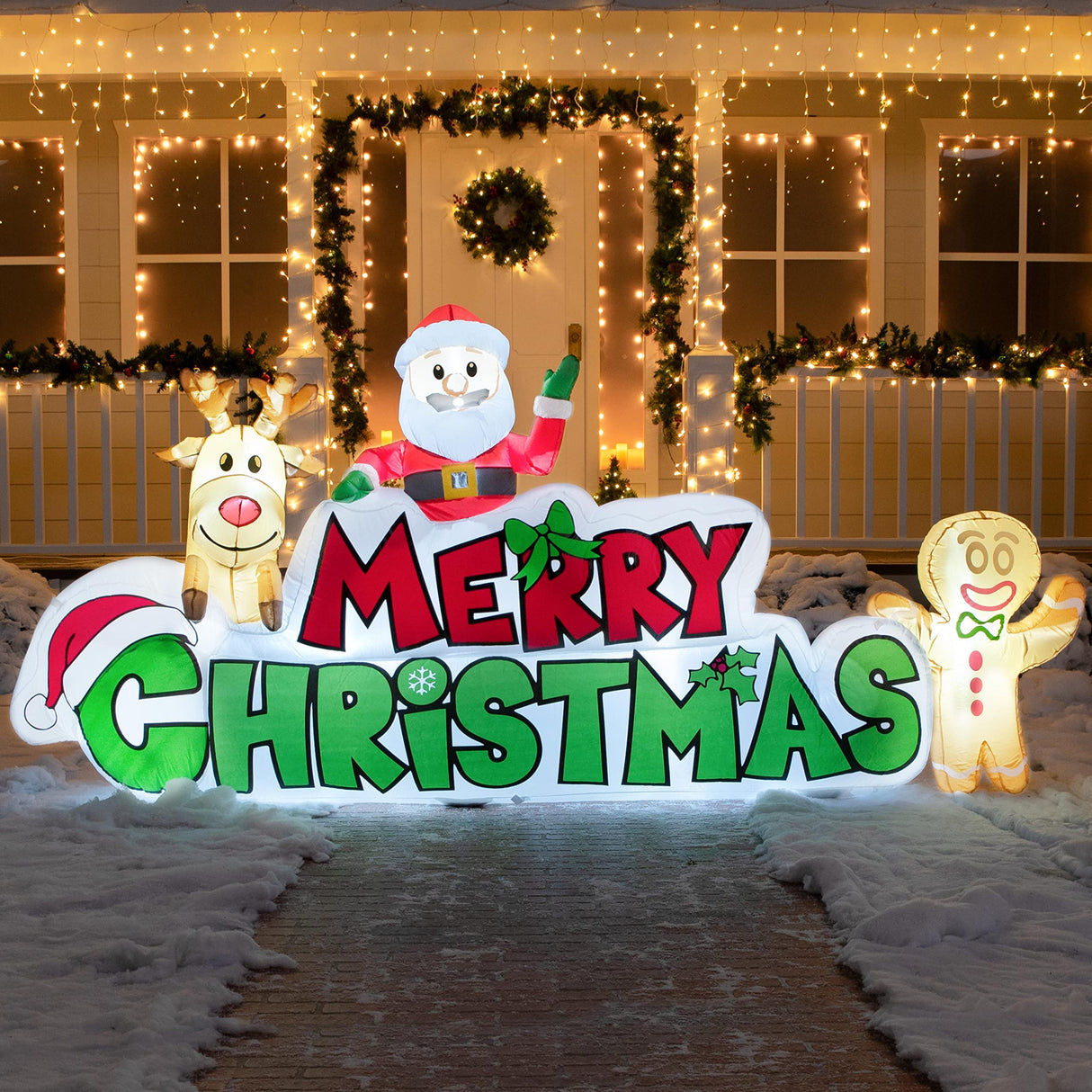 Joiedomi 9.5 FT Christmas Inflatable Merry Christmas Sign with Santa, Reindeer & Gingerman, LED Lit for Outdoor Yard Garden Lawn Winter Decor Joiedomi