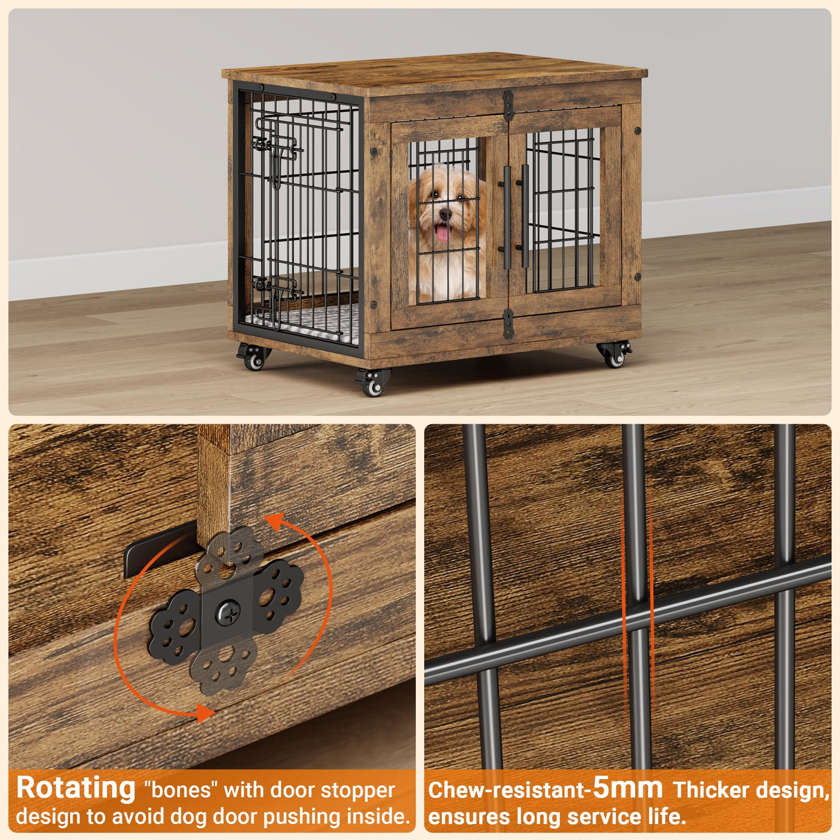 Lulive Small Dog Crate Furniture, Dog Kennel Indoor Double Doors Wooden Dog Cage, 27.1'' Heavy Duty Dog Crate with Cushion & Wheels, Decorative End Table Pet House Chew-Resistant for Small Dogs, Brown Lulive