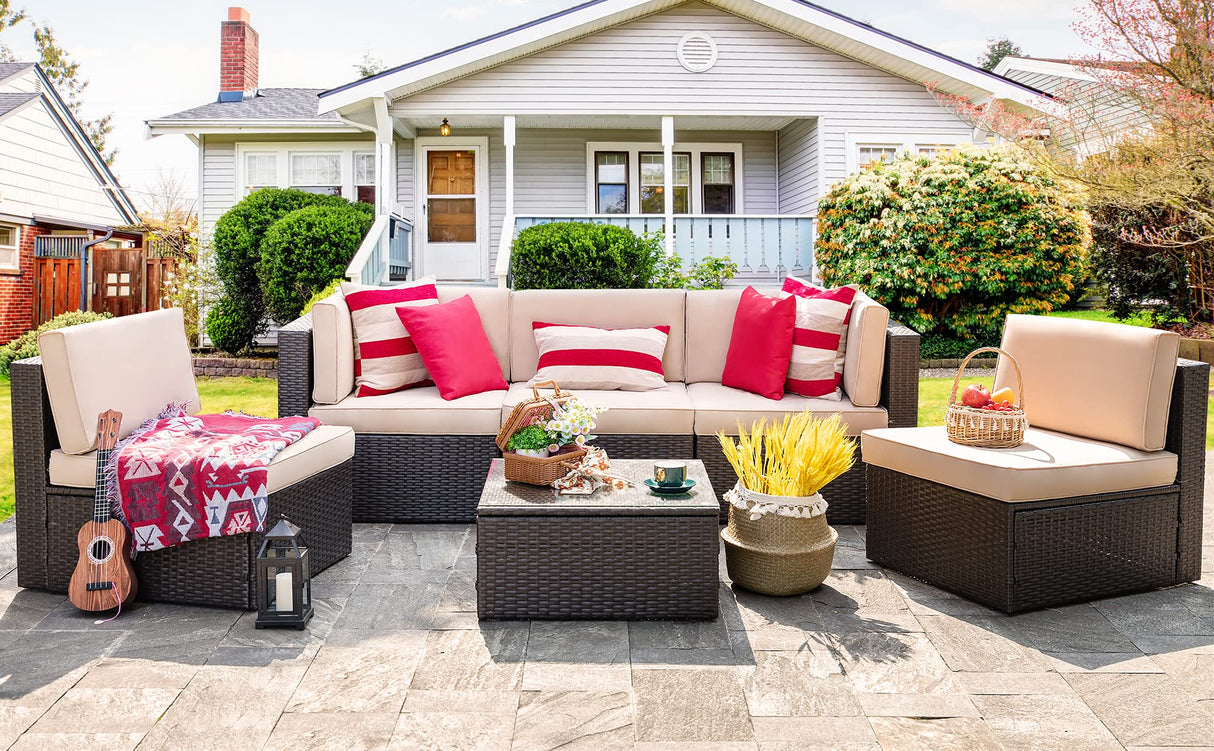 Vongrasig 6 Piece Small Patio Furniture Sets, All Weather PE Wicker Rattan Outdoor Sectional Sofa Conversation Couch with Glass Table, Cushions and Red Pillows, for Lawn, Garden, Backyard (Beige) Vongrasig