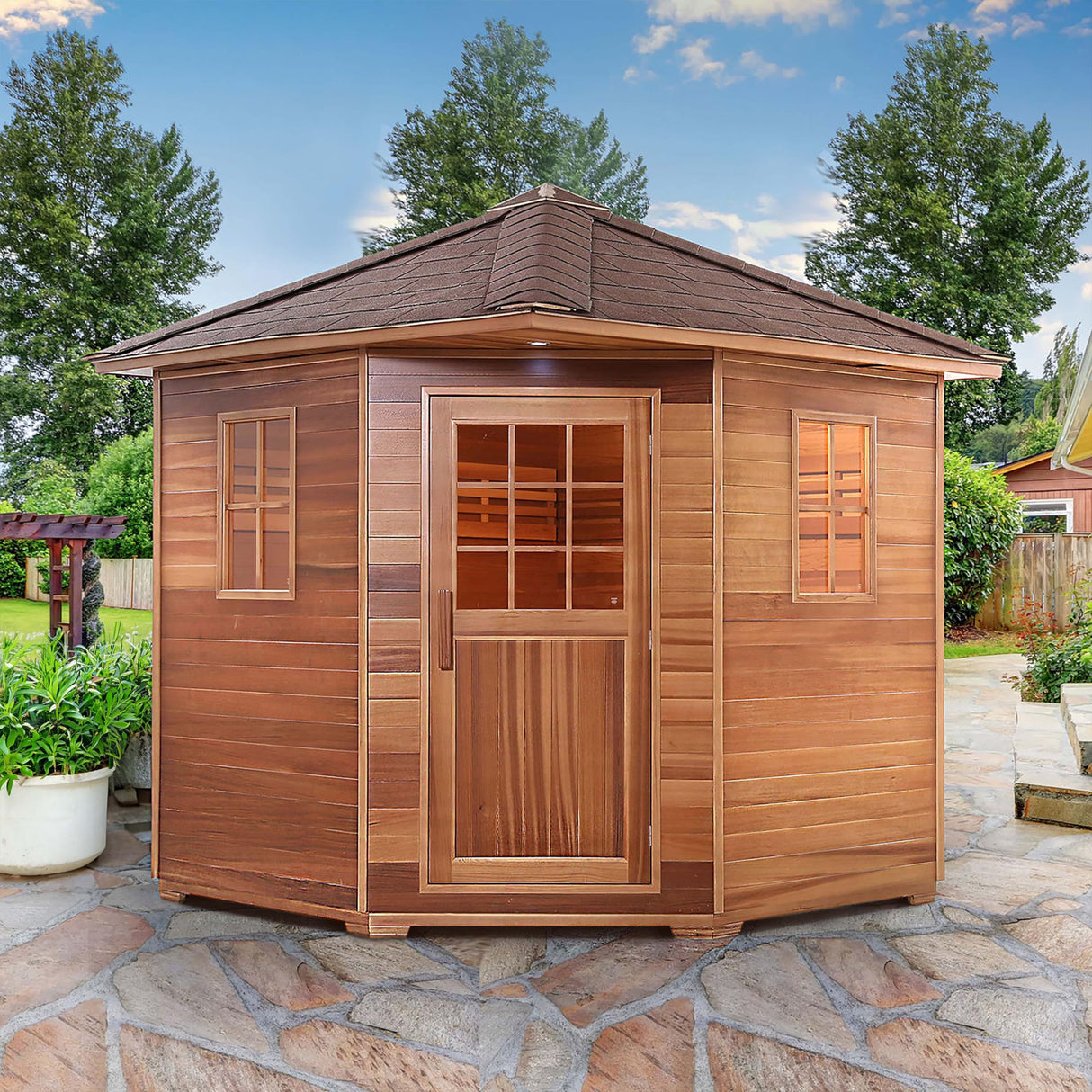ALEKO Traditional Sauna | Indoor or Outdoor | Wet Steam Dry Traditional | SKD8RCED | Canadian Red Cedar | Asphalt Roof | 8 kW UL Certified Heater | 8 Person | (Red Cedar, 8 Person) ALEKO
