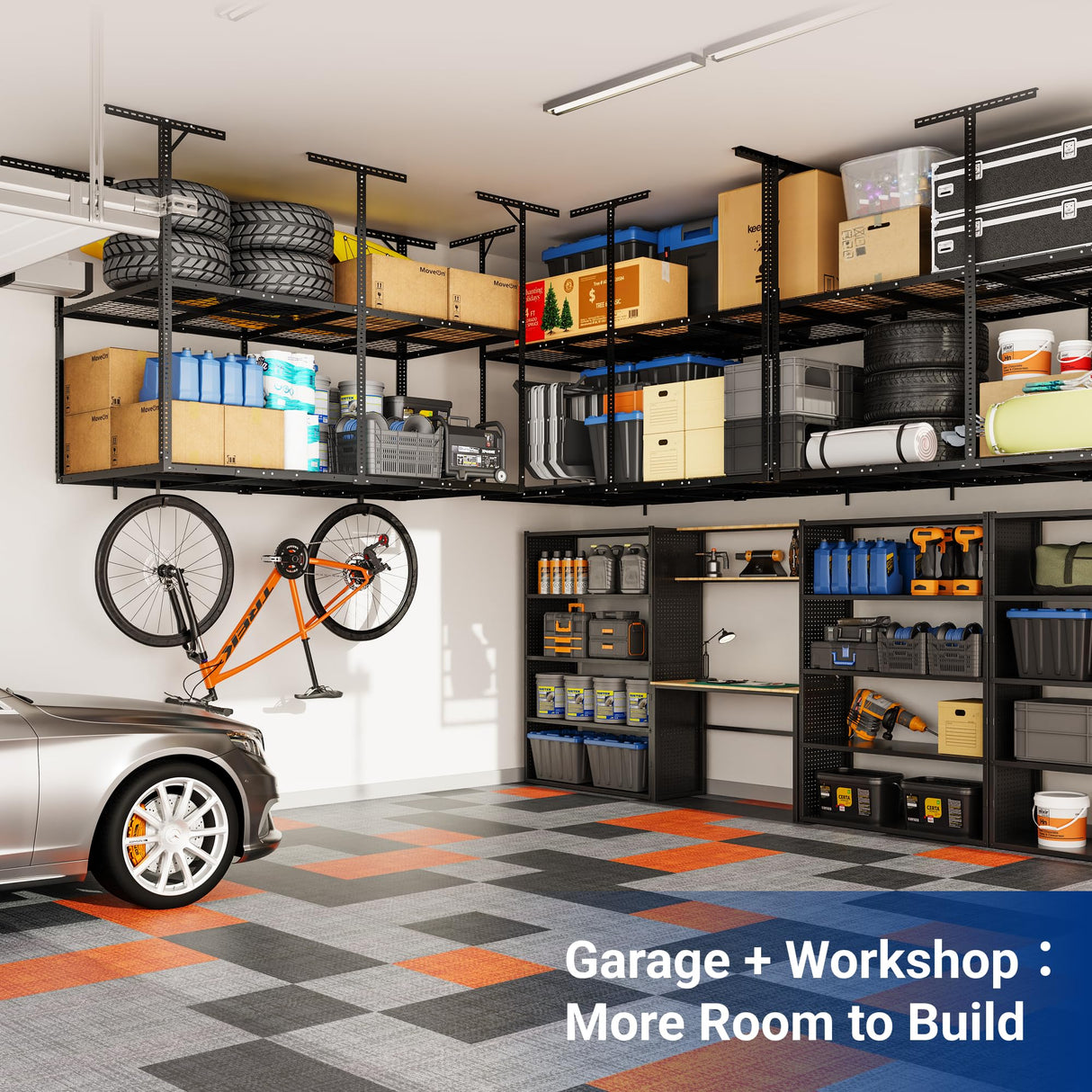 FLEXIMOUNTS 4x8 2-Tier Overhead Garage Storage Rack – Adjustable Heavy Duty Metal Garage Ceiling Storage Racks, 1000 lbs Capacity – Garages Organization System for 10–15 ft Tall Garages, Black FLEXIMOUNTS