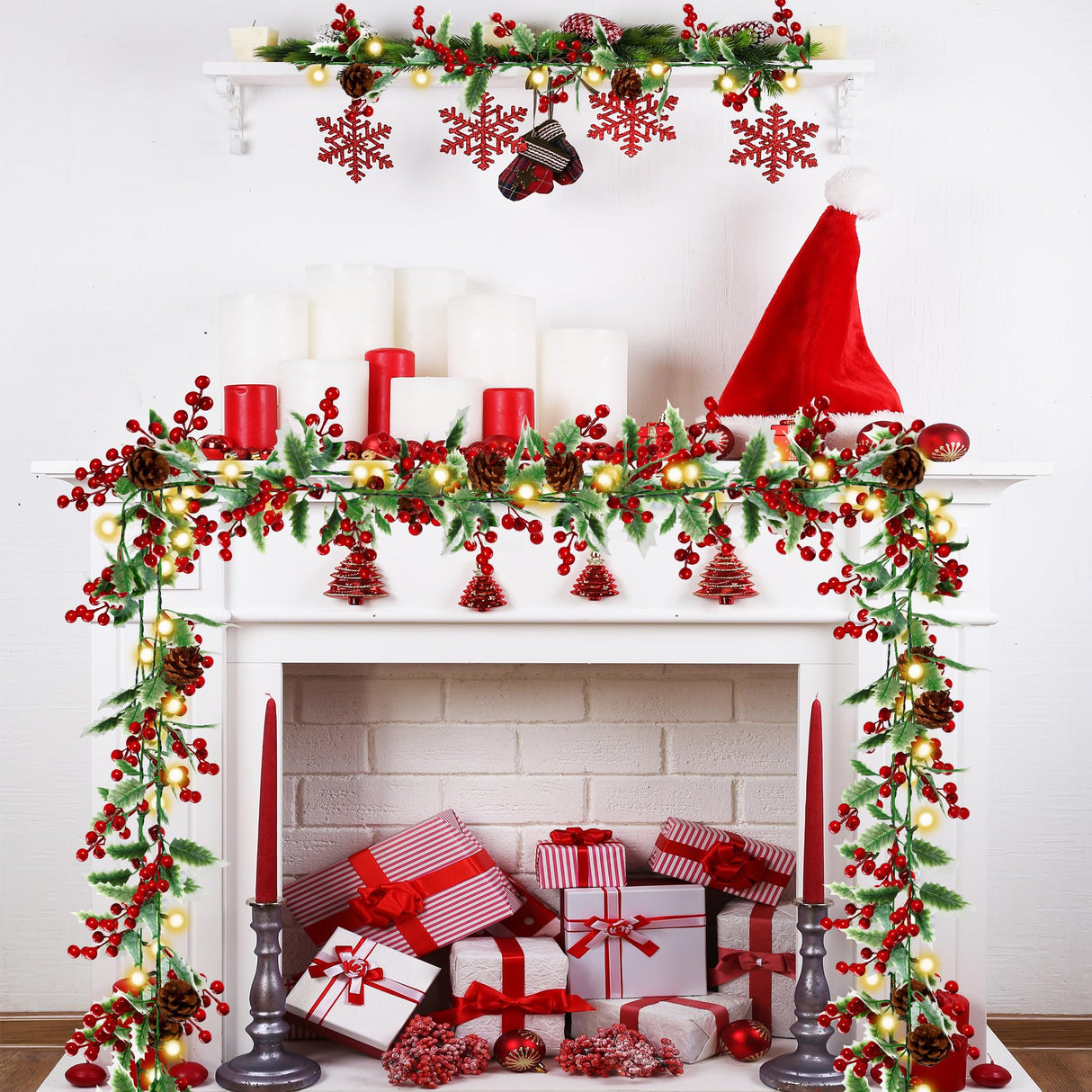 Sggvecsy Christmas Garland Red Berry Garland with Red Berries Lighted Holly Leaves Garlands Artificial Christmas Green Leaves Garland Battery Operated for Xmas Indoor Home Winter Holiday Decoration Sggvecsy