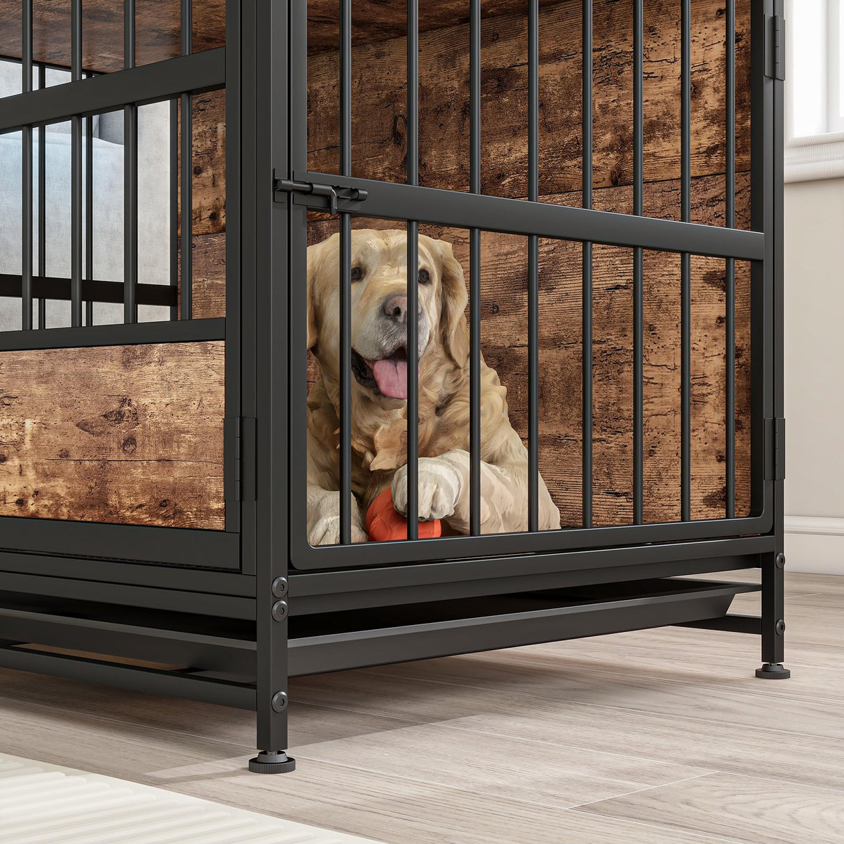 Maliacife Dog Crate Furniture with Led Lights,Heavy Duty Wooden Dog Kennel with Double Doors,Dog House Indoor for Small Medium Dogs,End Table with Shelves,Black and Brown(34.65" L×24.02W×31.5" H) Maliacife