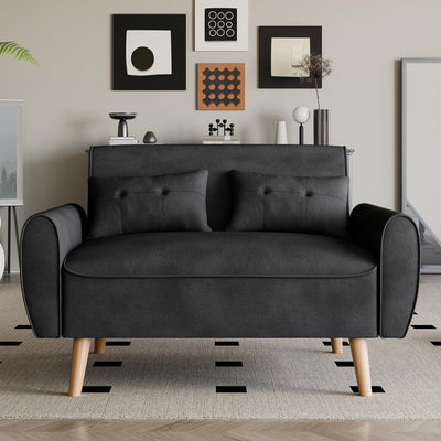Vongrasig 47" Small Modern Loveseat Sofa, Mid Century Linen Fabric 2-Seat Sofa Couch Tufted Love Seat with Back Cushions and Tapered Legs for Living Room, Bedroom and Small Space (Black)