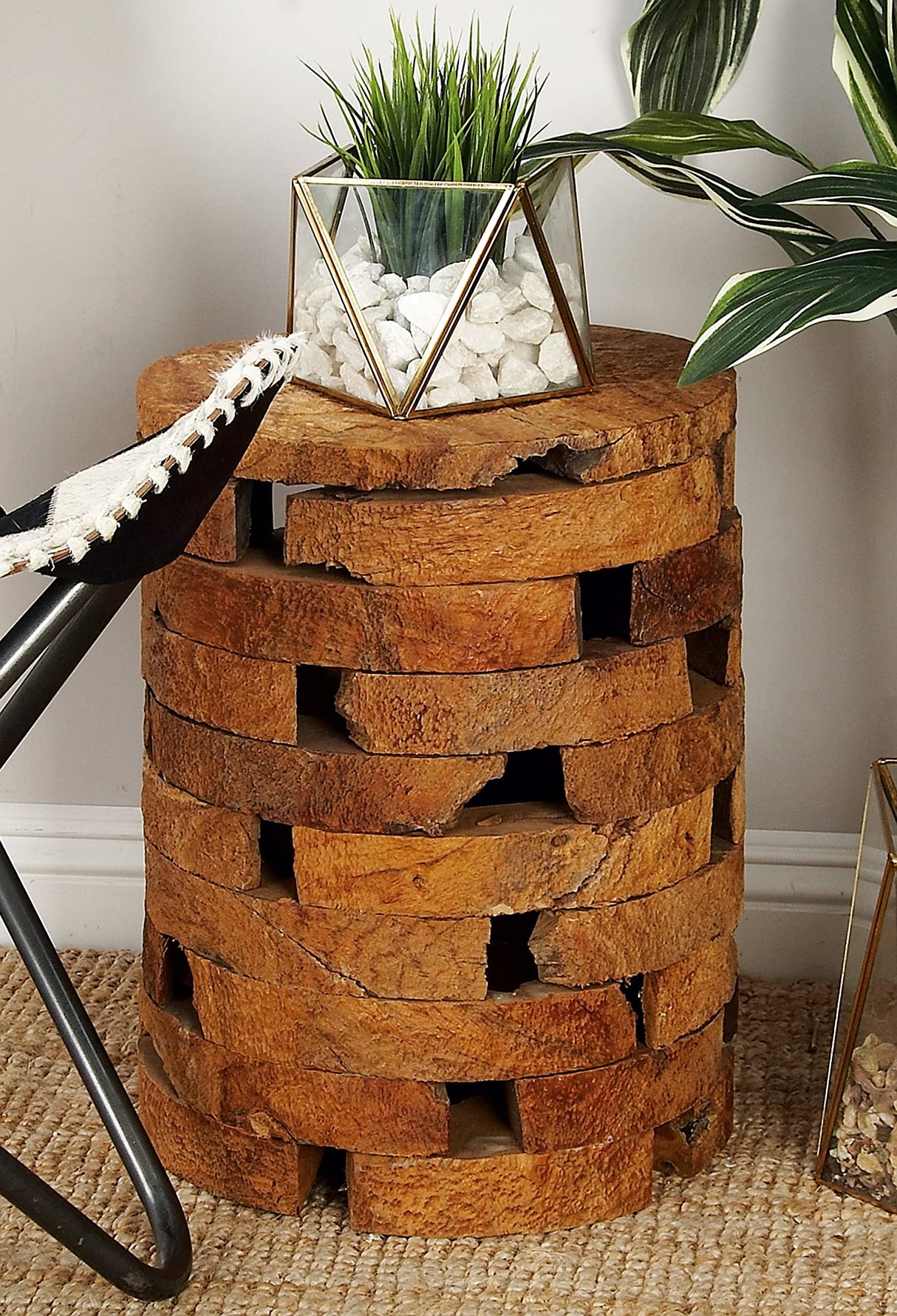 Deco 79 Teak Wood Handmade Side End Accent Table Live Edge End Table with Brick Inspired Design, Side Table 14" x 14" x 18", Brown Deco 79