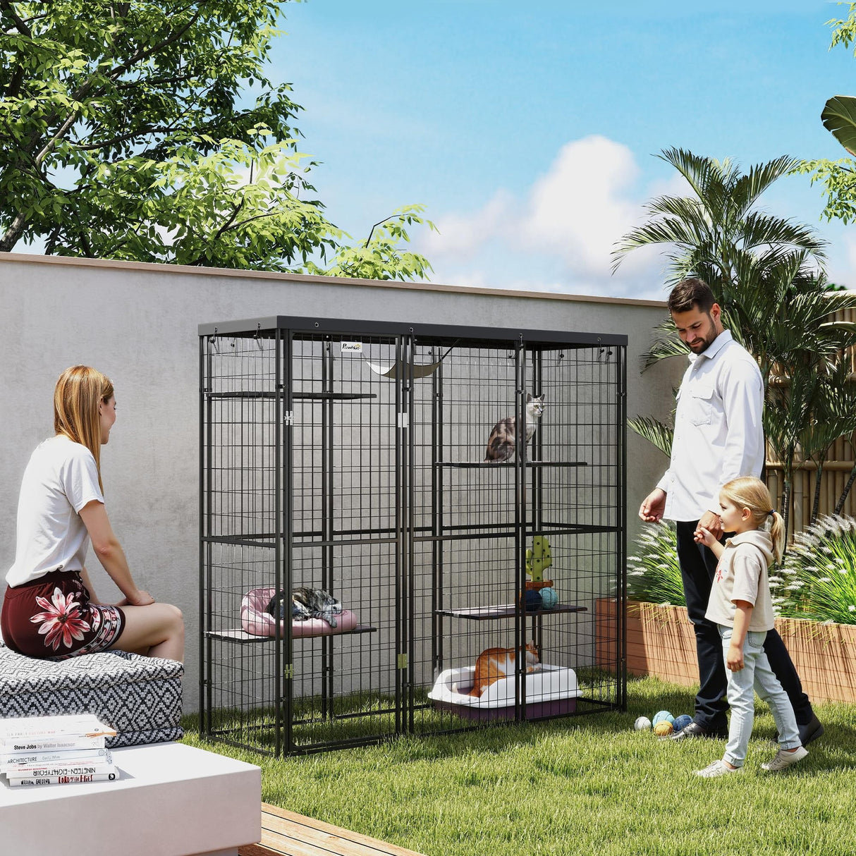 PawHut Weld Wire Catio Outdoor Indoor, Cat Enclosure with Waterproof Cover, 4 Jumping Platforms, Hammock, Cat Shelter for 1-3 Kittens, 69" x 22" x 62", Black PawHut