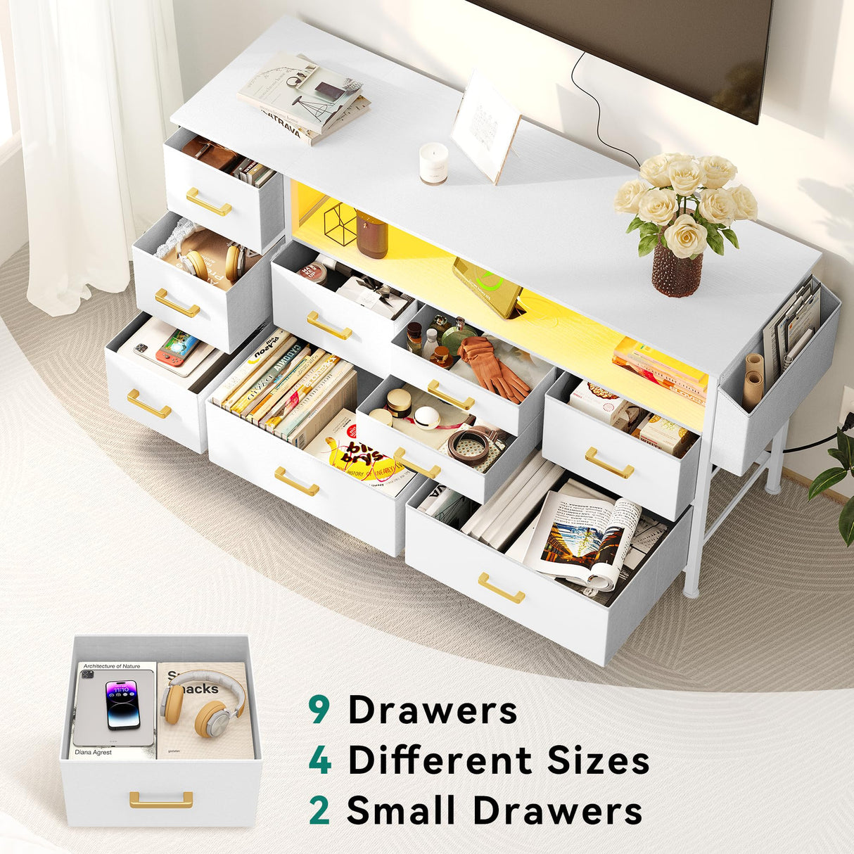 YITAHOME Dresser TV Stand for 55'' TV, 9-Drawer Dresser with Power Outlet and LED Light, Wide Dresser with Metal Handle, White Dresser with Shelves and PU Finish YITAHOME