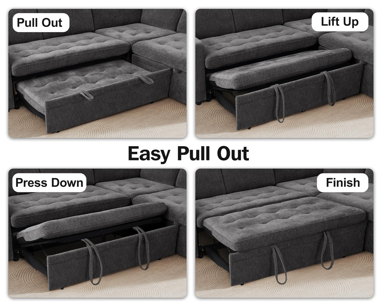 Vipbear 7 Seat L Shaped Modular Sectional Sleeper Sofa Bed with Ottoman/Pull Out Bed/Reclining Backrest/USB Ports/Table/LED Light/Storage Seat, Tool-Free Assembly, Chenille Dark Grey Vipbear
