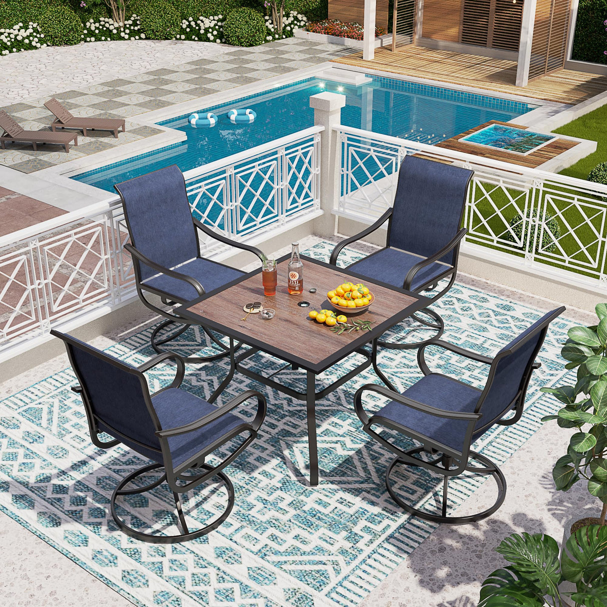 PHI VILLA 5 Piece Outdoor Patio Dining Set with 4 Swivel Dining Chairs & 1 Wood-like Dining Table, All weather Blue Textilene Mesh Fabric Chair and Square Metal Table for Deck Lawn Garden PHI VILLA
