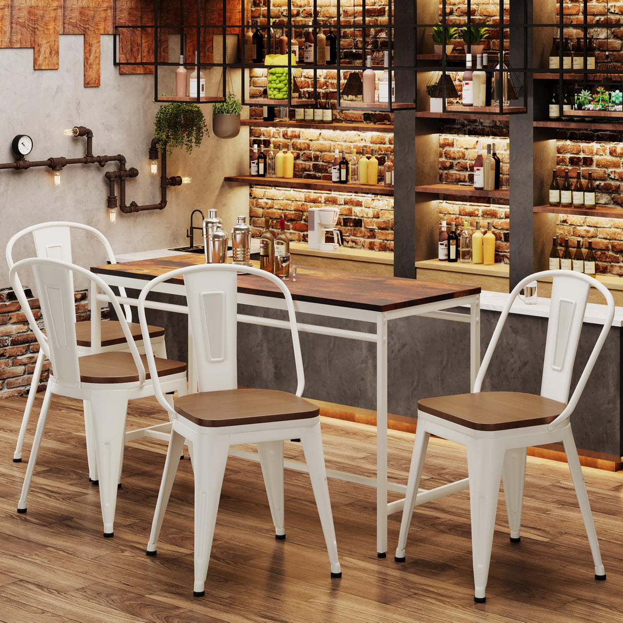 Alunaune 18inch Metal Dining Chair Set of 4 High Back Classic Chic Iron Farmhouse Chairs Industrial Stackable Coffee Stools Bistro Cafe Side Barstools Wood Seat-White Alunaune