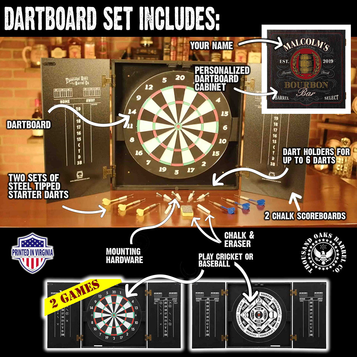 THOUSAND OAKS BARREL Personalized Dart Board Cabinet Set with 6 Steel Tip Darts, Chalk & Eraser Set - Man Cave Furniture, Decor Dart Boards for Adults - Bourbon Bar Dartboard (121) THOUSAND OAKS BARREL