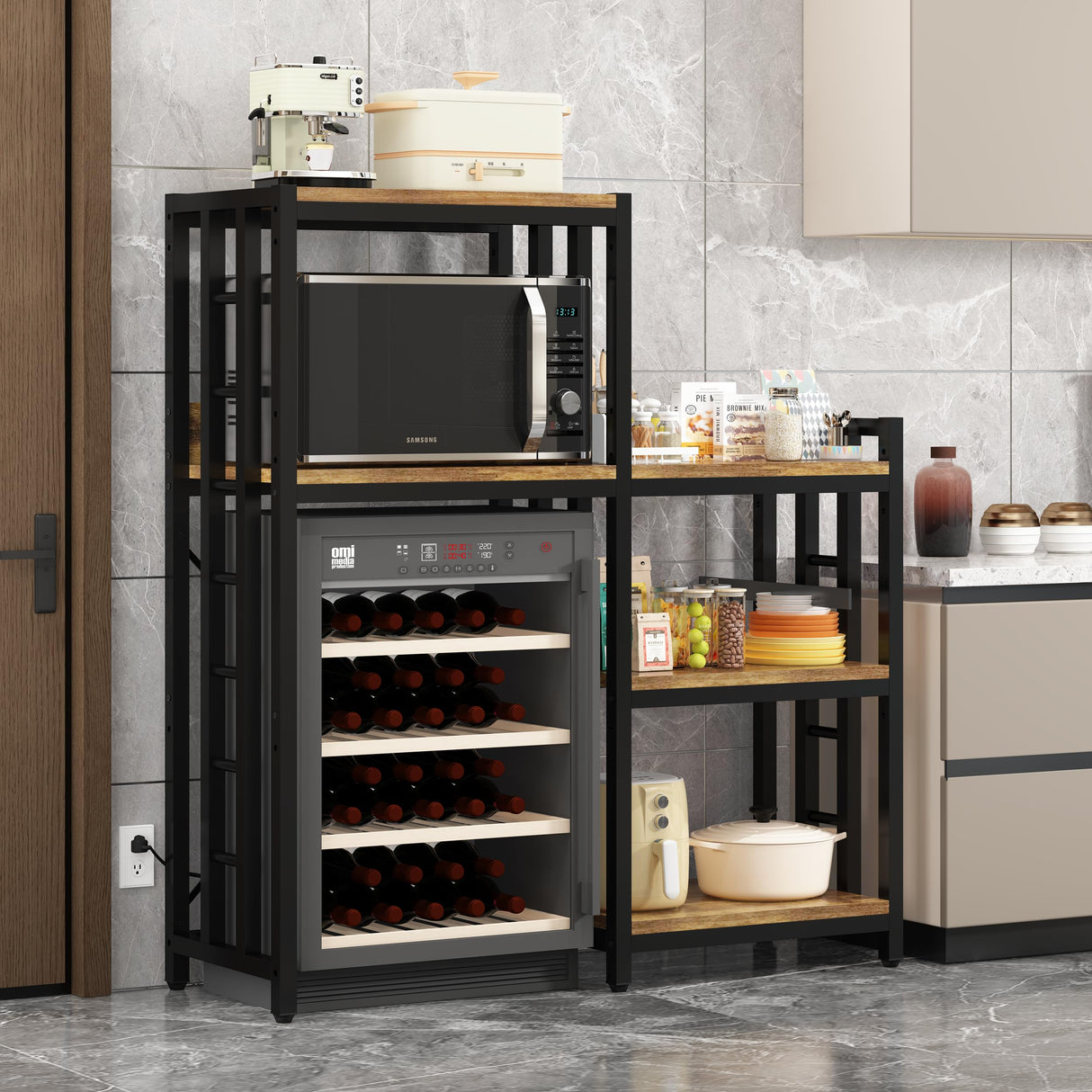 6-Tier Kitchen Baker's Rack with Power Outlet, Microwave Oven Stand with Storage Suitable for Kitchen Living Room Office Storage Shelf, Mini Fridge Stand Shelves for Spices, Pots and Pans. (Brown) Mini Quexing