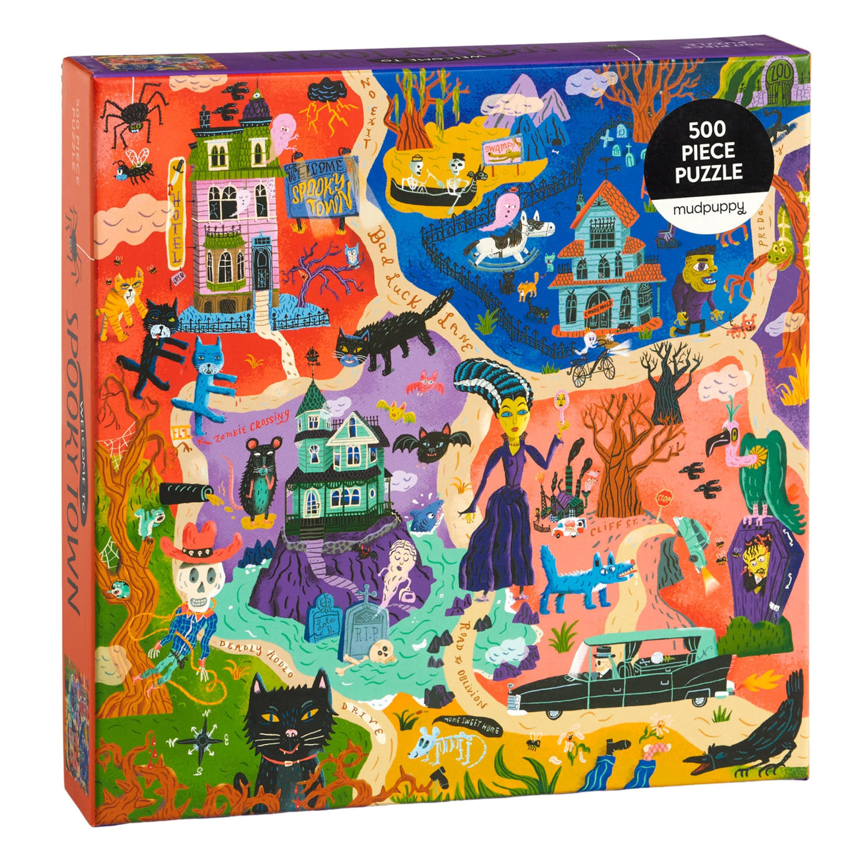 Mudpuppy Welcome to Spooky Town – 500 Piece Family Jigsaw Puzzle Featuring Bold and Spooky Illustrations of A Haunted Town Filled with Goblins Ghouls and Monsters Galison