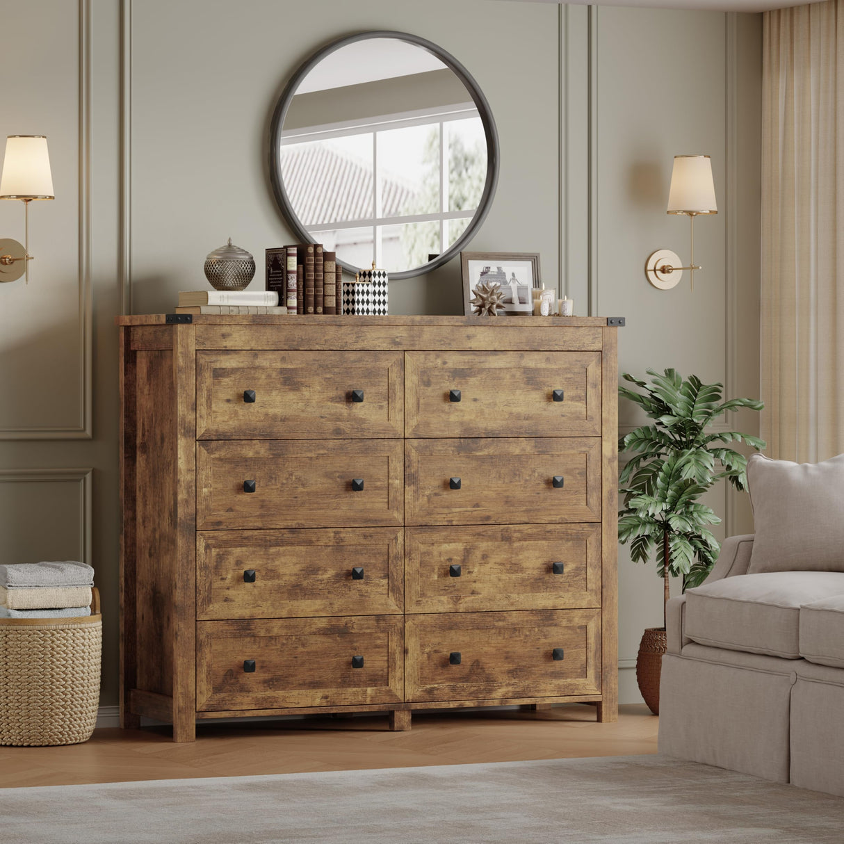 BORNOON Tall 8-Drawer Dresser, Modern Wooden Storage Chest of Drawers, Dresser TV Stand, Wood Drawer Organizer with Metal Handles for Bedroom, Living Room, Hallway BORNOON