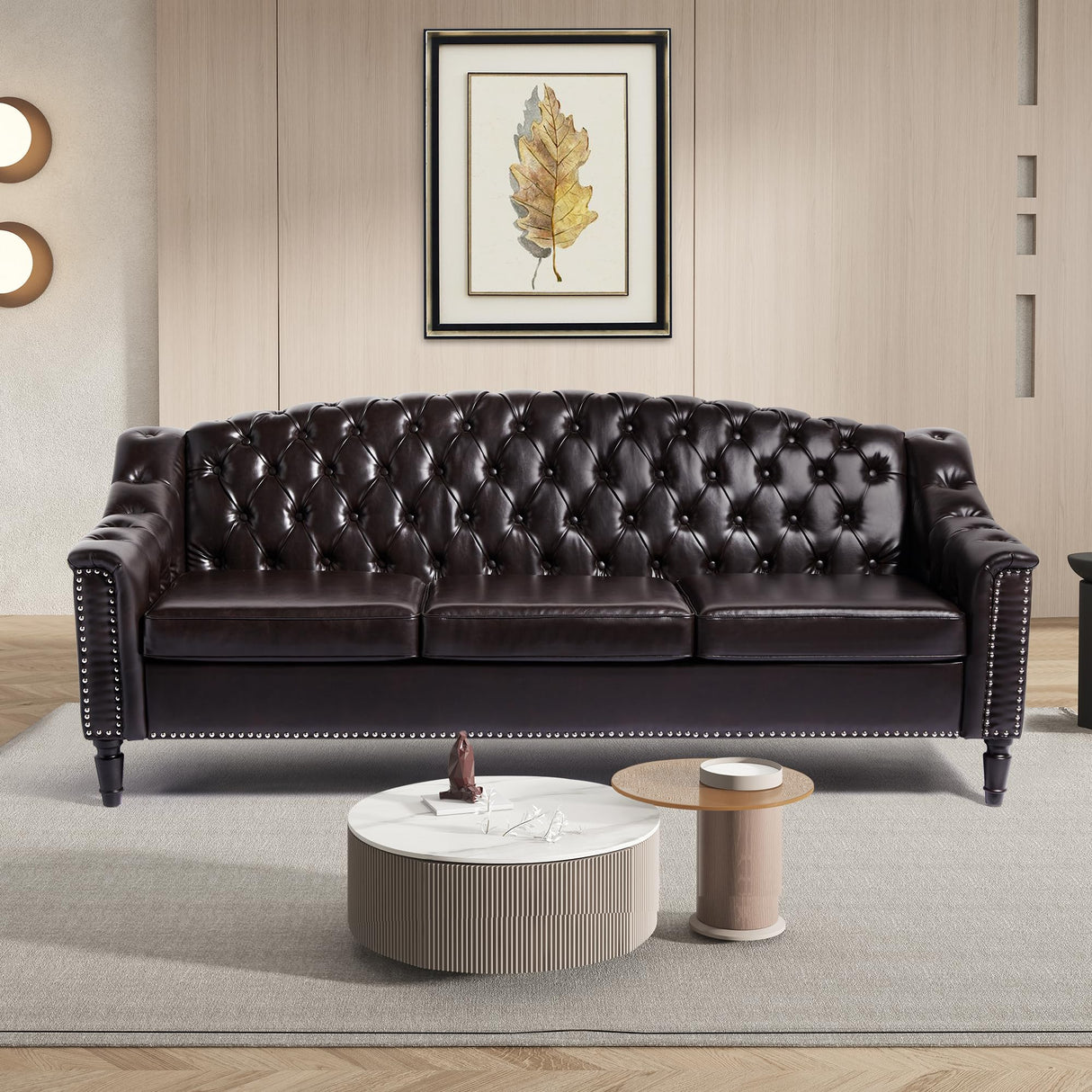 LEVNARY Mid-Century Modern Leather Couch, 80" Large Upholstered Sofa with High Back, Chesterfield Sofa Sleeper Settee with Solid Wood Legs, Tufted 3 Seater Wide Couches for Living Room Office (Brown) LEVNARY