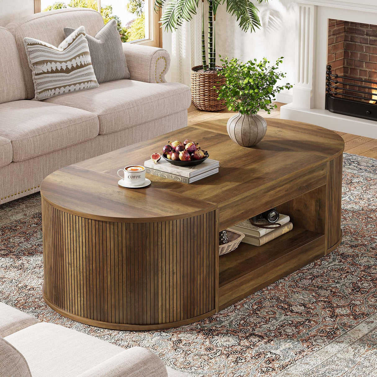 Tribesigns Farmhouse Coffee Table with Storage, 55-Inch Oval Center Table, 2-Tier Large Tea Table for Living Room, Office Reception, Rustic Brown Tribesigns