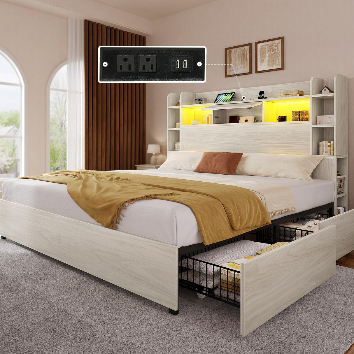 YITAHOME King Bed Frame with Bookcase Headboard and 4 Storage Drawers, RGB LED Bed with Type-C & USB Charging Station Storage Headboard Bed Frame, No Box Spring Needed, Noise Free, Antique White YITAHOME