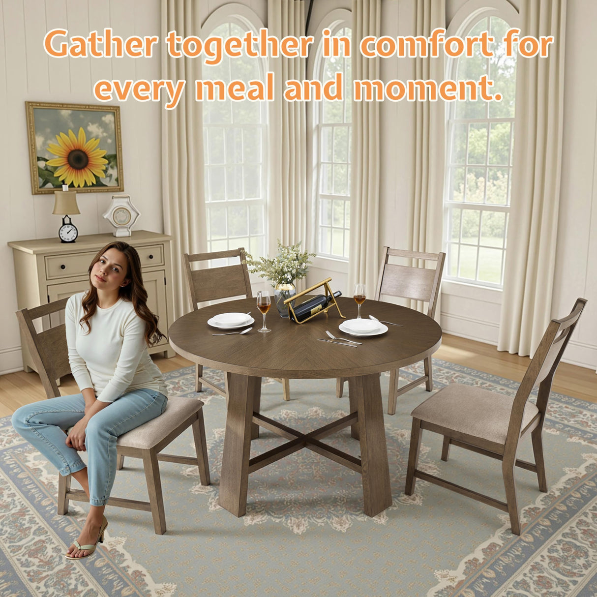 Jocisland Round Solid Wood Dining Table Set for 4, 5-Piece Mid-Century Kitchen & Dining Room Furniture with Padded Chairs, Space-Saving Design, Radial Grain Finish, Easy Assembly Jocisland