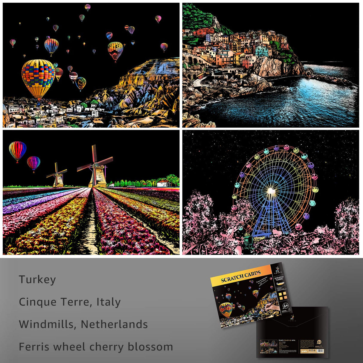 Scratch Art for Teens & Adults, Rainbow Engraving Painting Landscape Scratchboard(A4) Crafts Set: 8 Sheets with 4 tools - New York, Statue of Liberty, Golden Gate Bridge, Manarola (America / Europe) AP ARTSPER