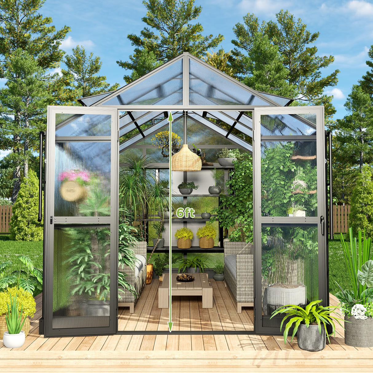 HOWE 8x12x7.5 FT Polycarbonate Greenhouse Double Swing Doors 4 Vents 5.2FT Added Wall Height, Walk-in Large Aluminum Greenhouse Sunroom Winter Greenhouse for Outdoors, Black HOWE