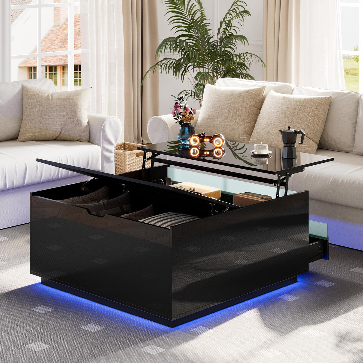 High Gloss Coffee Table with Storage,Black Square Lift Top Coffee Tables with LED & Flip Lid, Small Modern Coffee Table for Living Room with Drawer HAIOOU