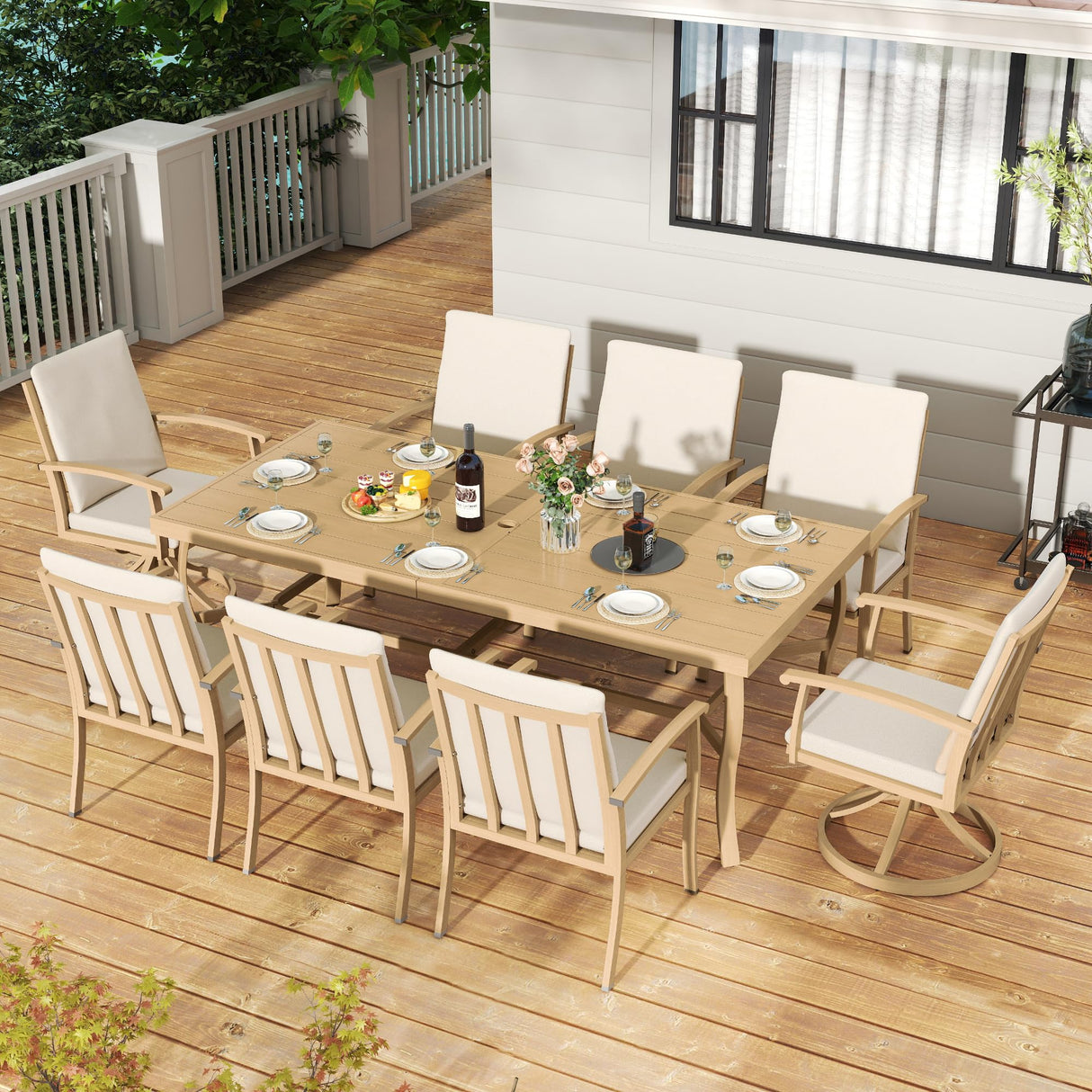 HAPPATIO Aluminum 9 Piece Patio Dining Sets, Outdoor Dining Set for 8, Patio Furniture Sets, 2 Swivel Dining Chairs, 6 Dining Chairs, Aluminum Furniture Set for Patio, Yard (Beige) HAPPATIO