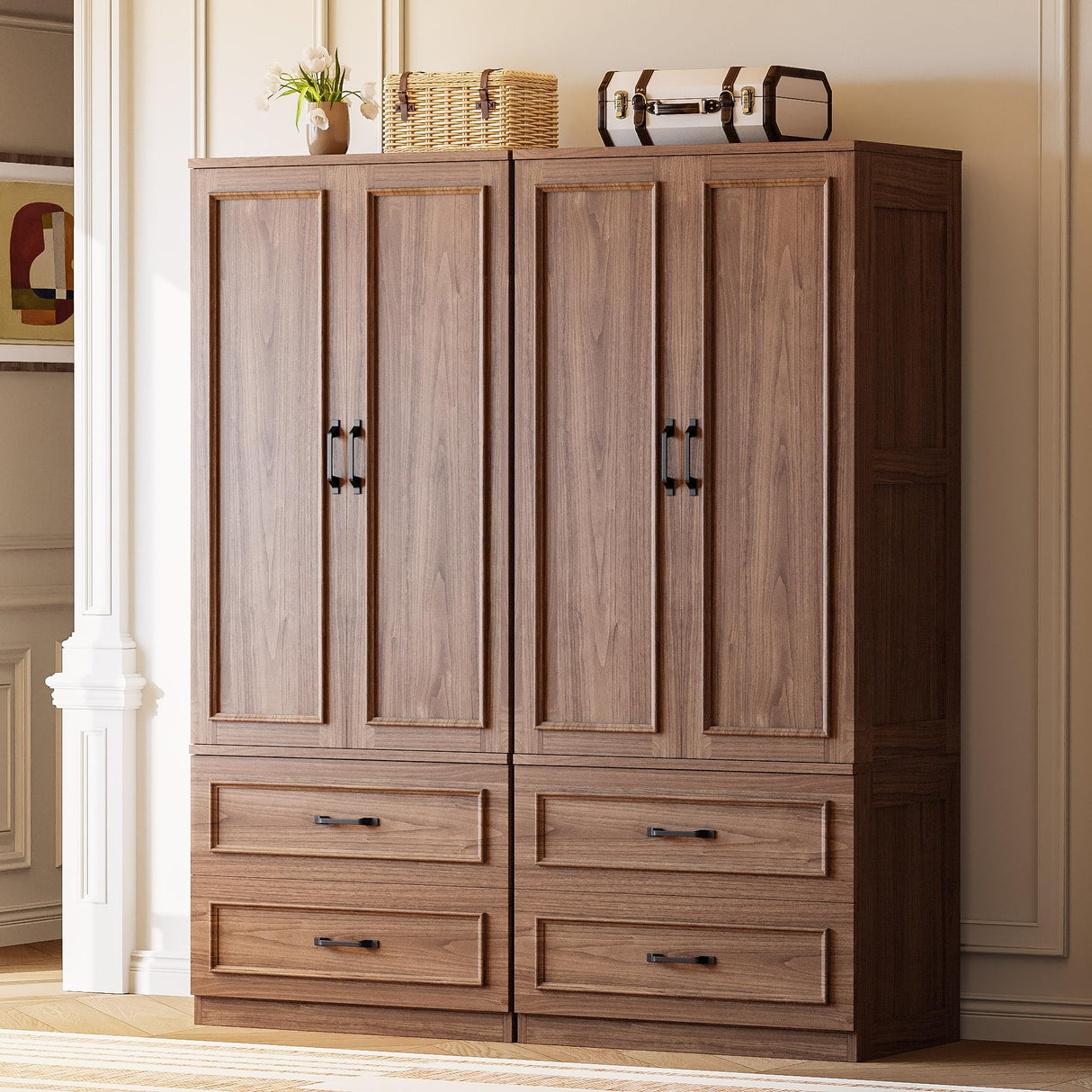 LIKIMIO Armoire Wardrobe Closet with 2 Doors and 2 Drawers 70" H x 28" W Wooden Bedroom Freestanding Wardrobe Combination for Hanging Clothes, Walnut LIKIMIO