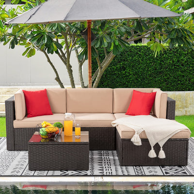 Shintenchi 5 Pieces Patio Furniture Sets Outdoor All-Weather Sectional Patio Sofa Set PE Rattan Manual Weaving Wicker Patio Conversation Set with Glass Table&Ottoman Cushion and Red Pillows