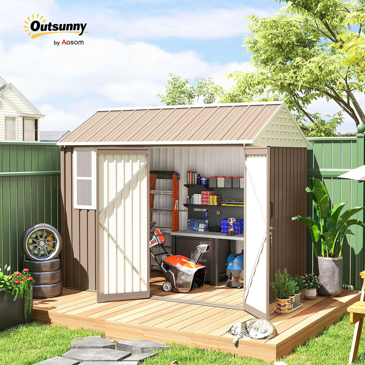 Outsunny 8' x 6' Outdoor Storage Shed, Metal Garden Shed with Window & Double Lockable Door, Outdoor Tool Shed Storage with Sloped Roof for Backyard, Patio, Garage, Lawn, Brown Outsunny