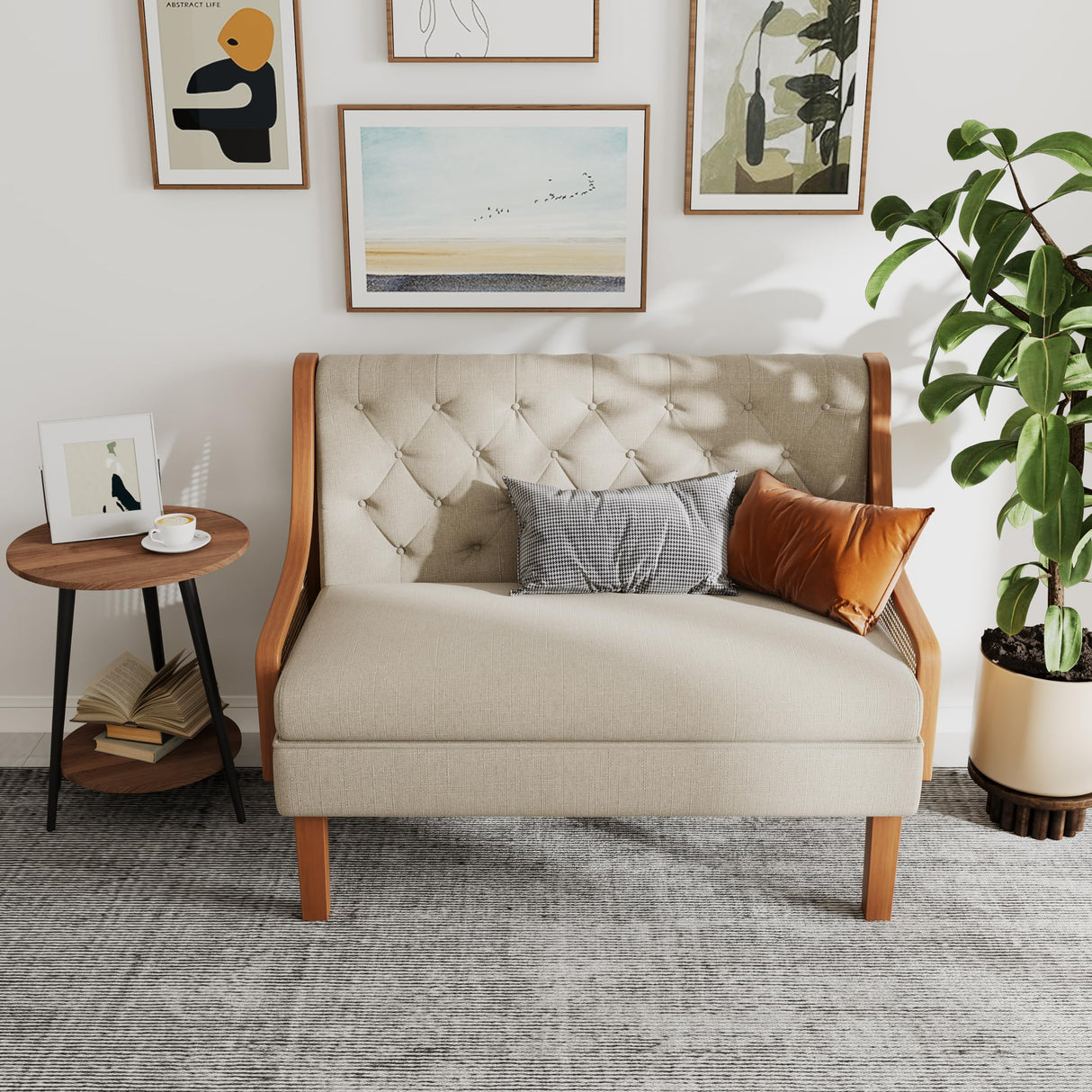 Andeworld Loveseat Settee Bench with Natural Rattan Arms,Upholstered Modern Mini Sofa Couch,Banquette Dining Bench Love Seat for Living Dining Room Bedroom Office Small Space Entryway,Beige Andeworld