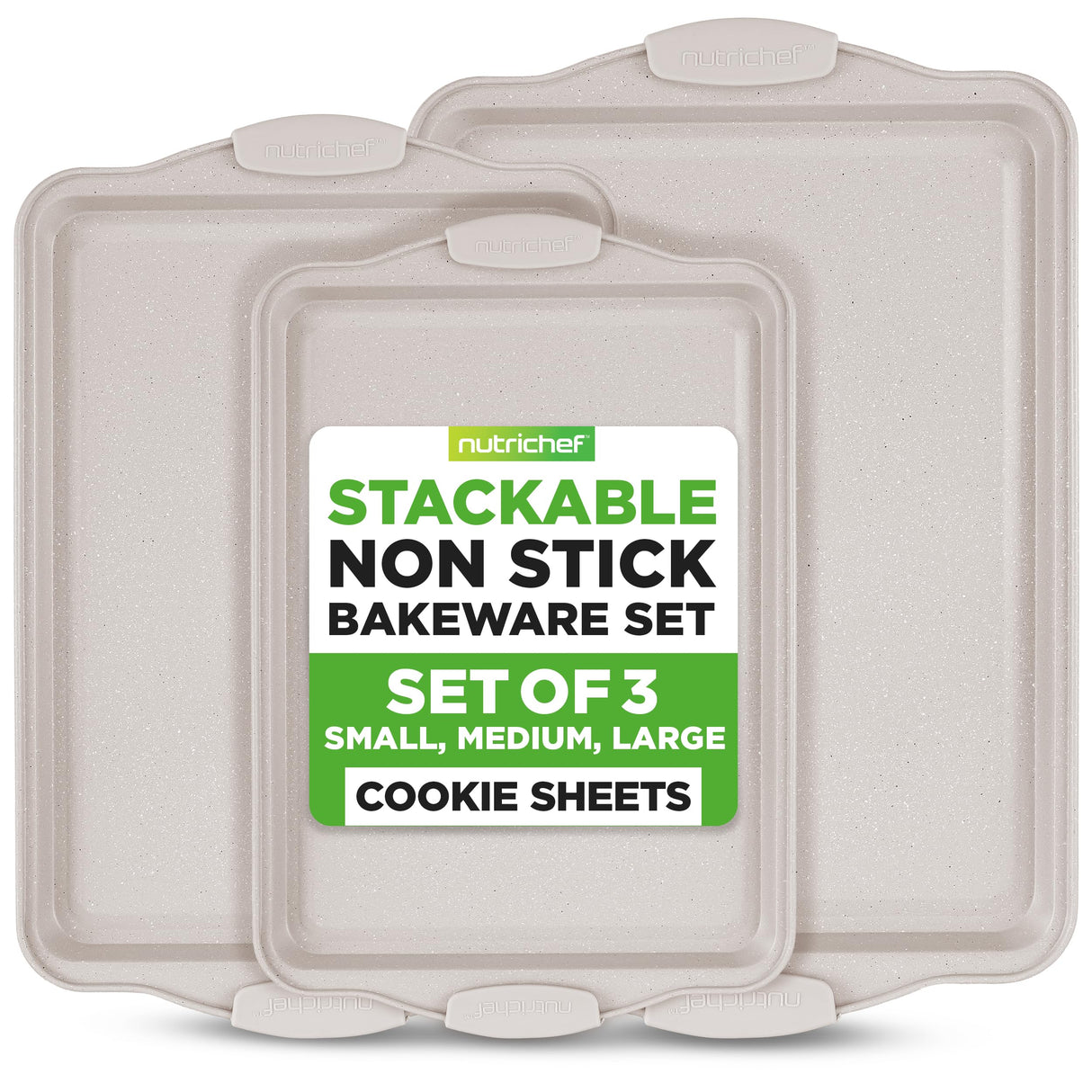 NutriChef 3 Piece Nonstick Cookie Sheets for Baking - Premium Carbon Steel Baking Pans with White Silicone Handles - Even Heat Distribution, PFOA/PFOS/PTFE Free, Easy to Clean - Cream Marble, NCBKT3CM NutriChef