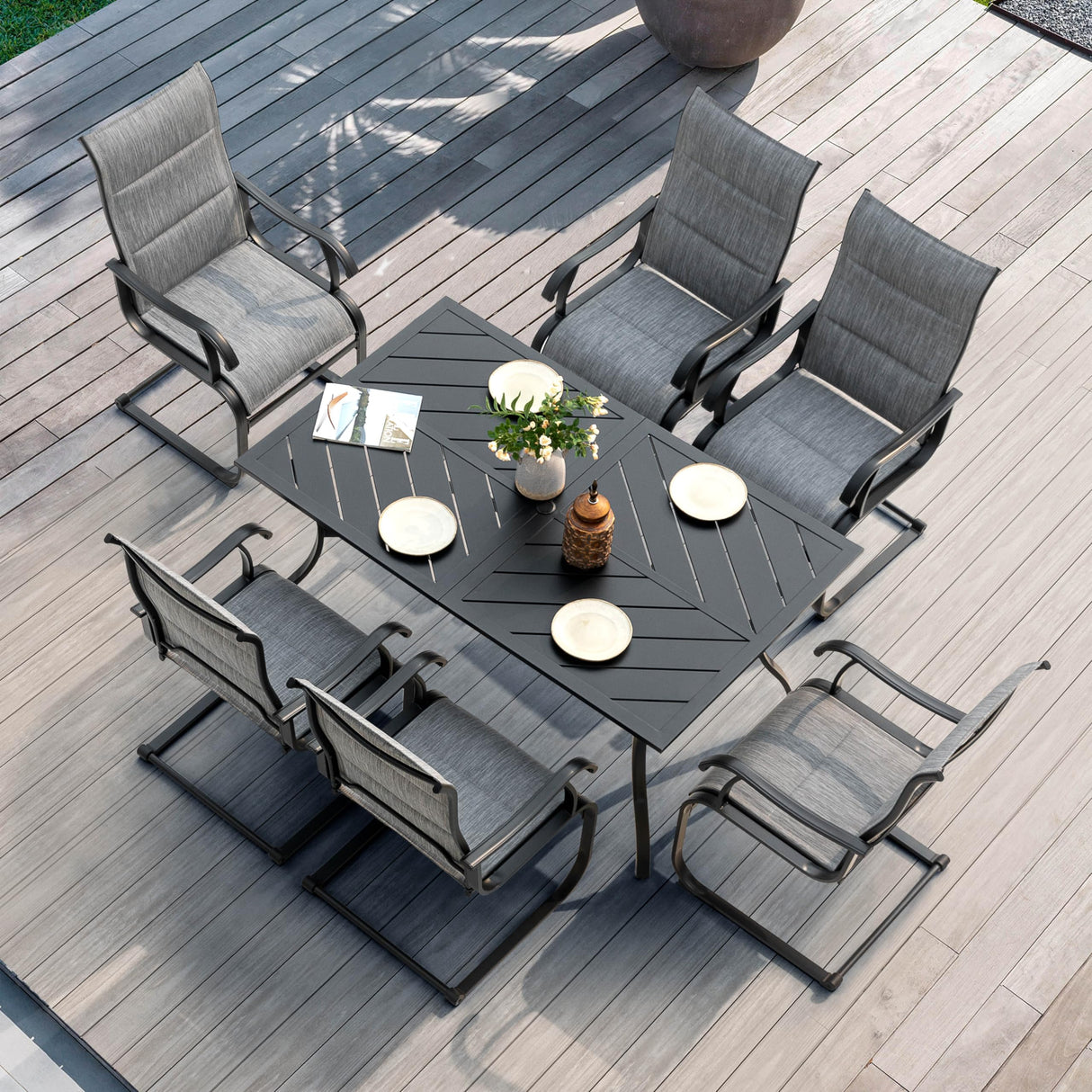 NUU GARDEN 7 Piece Outdoor Dining Set, 6 All Weather Padded Textilene Patio Chairs and 61" Rectangular Dining Table with 1.77" Umbrella Hole, for Garden, Patio, Light Grey and Black NUU GARDEN