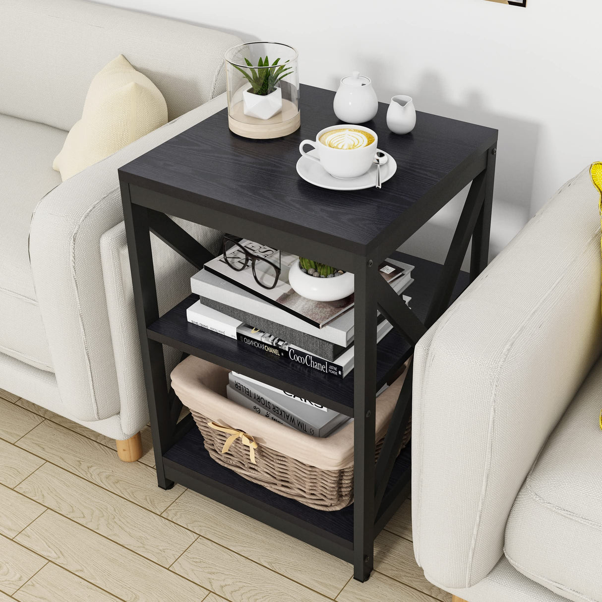 Bigbiglife Living Room Coffee Table Set of 3, Industrial X-Design Coffee Table and 2 End Side Tables, 3 Piece Living Room Table Set with Large Storage for Apartment Home, Black Bigbiglife