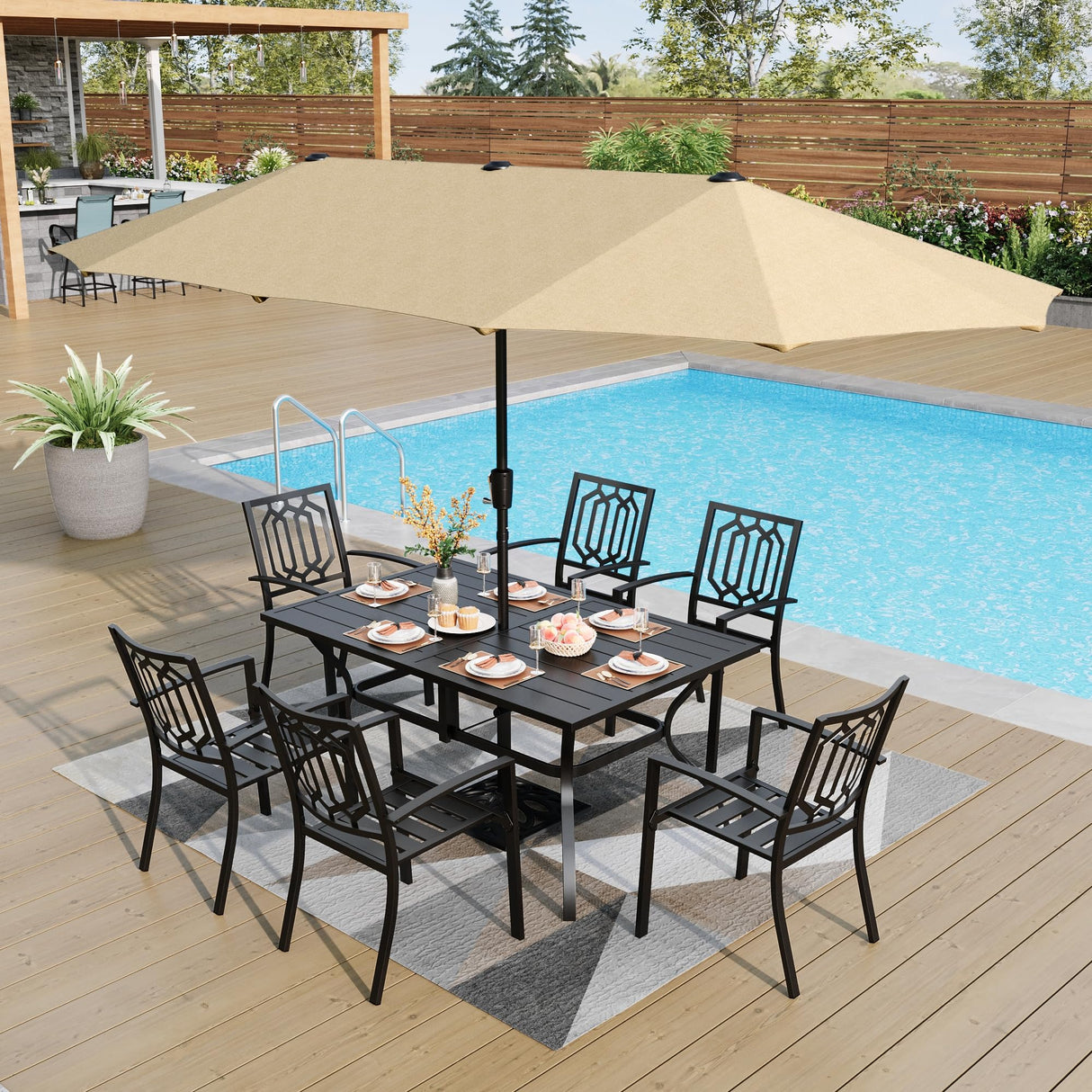 PHI VILLA Patio Dining Set 8 PCS with 13ft Double-Sided Patio Umbrella(Beige),Metal Outdoor Dining Set - 6 x Outdoor Stackable Chairs, 1 x 60"x38"Rectangle Dining Table and 1 Umbrella PHI VILLA