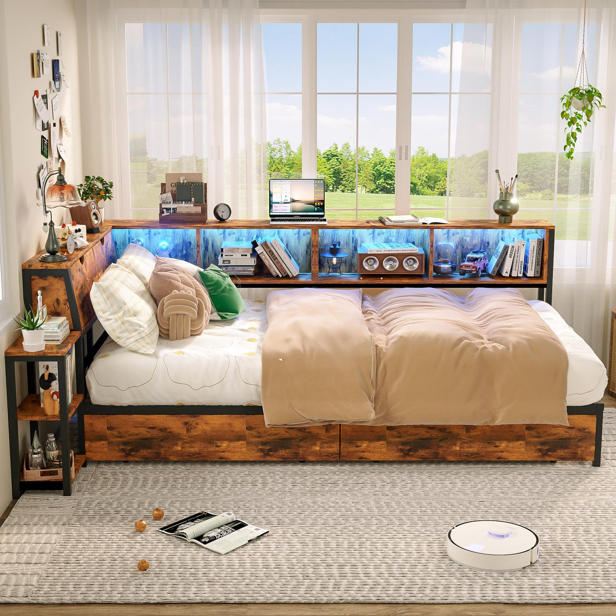 eMAIDE Corner Bed Frame with Storage Bookcase & Bedside Rack, Twin Size Metal Platform Bed Frame w/Drawers, Twin Daybed with Led Lights & Charging Station for Living Room, Bedroom & Guest Room, Brown eMAIDE