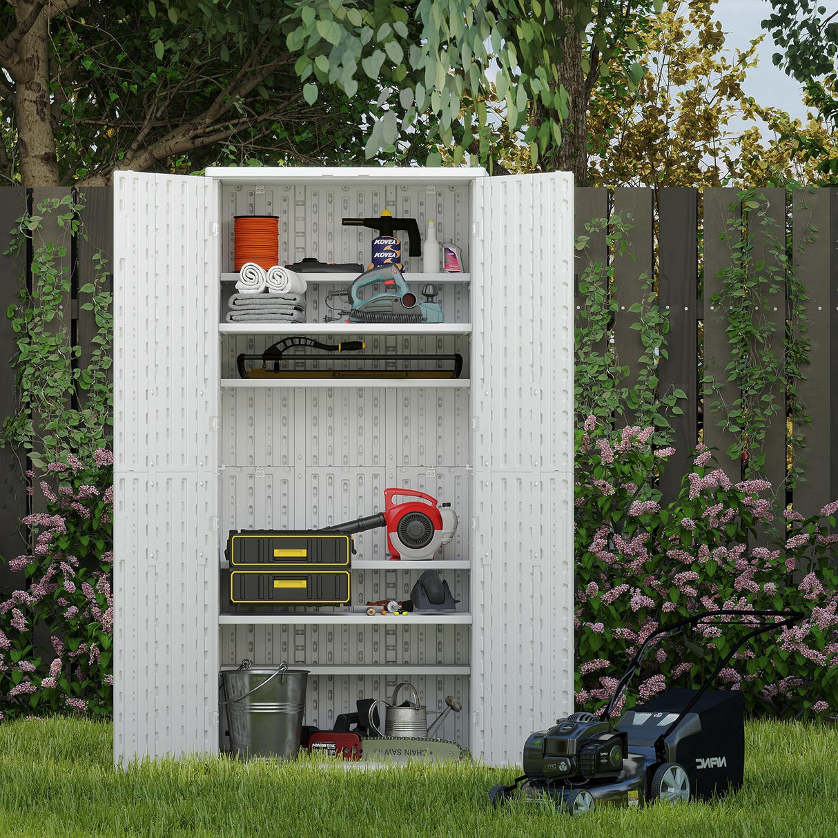 Outdoor Storage Cabinet with 4 Shelves,31.5" x 23.23" x 66.22" White Waterproof Shed,Waterproof Resin Vertical Tool Shed, Lockable 30 cu.ft. Storage Shed for Patio, Garden, Yard, White ZYJOYY