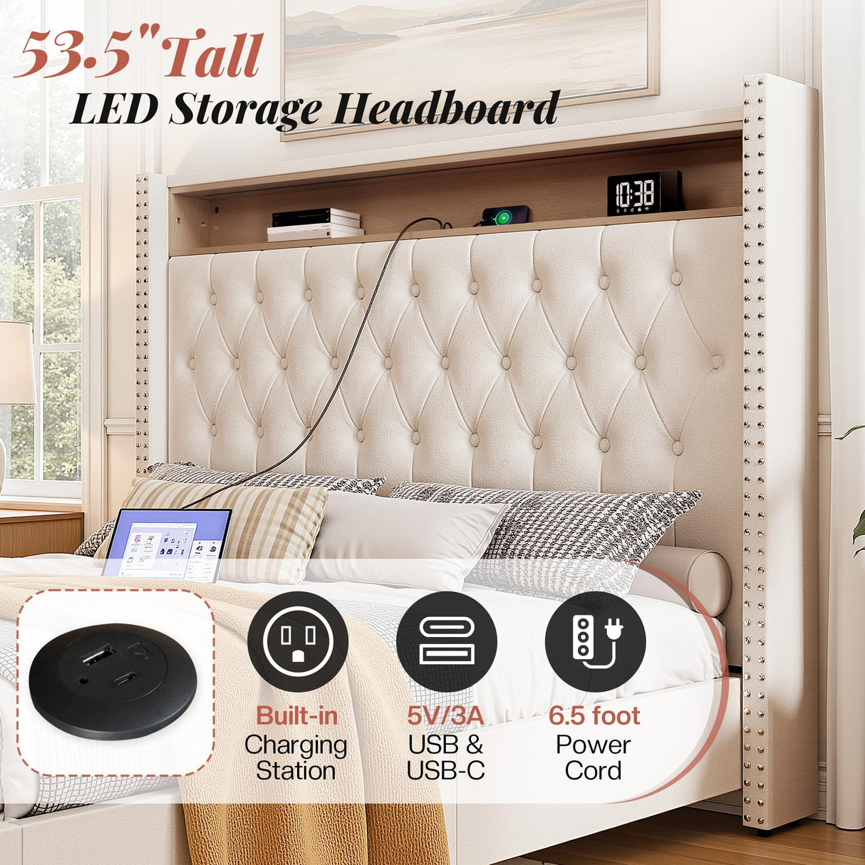 Jocisland King Size Bed Frame 53.6'' Tall Storage Headboard with LED Lights & Charging Station, Velvet Upholstered Button Tufted Wingback Platform Beds, No Box Spring Needed, USB Ports, Cream Jocisland