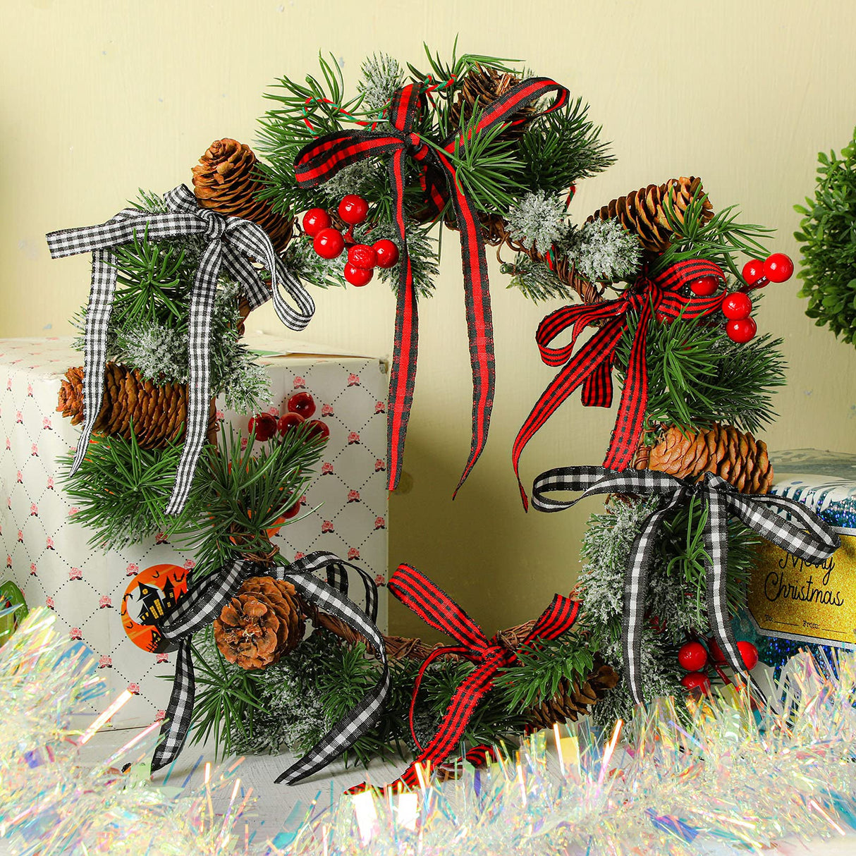 Chuangdi 4 Rolls 200 Yards Christmas Buffalo Plaid Checkered Ribbon Black White and Red Gingham Ribbon 3/8 Inch Wide Edge for DIY Crafts, Present Wrapping, Hair Bows, Holiday Decoration Chuangdi