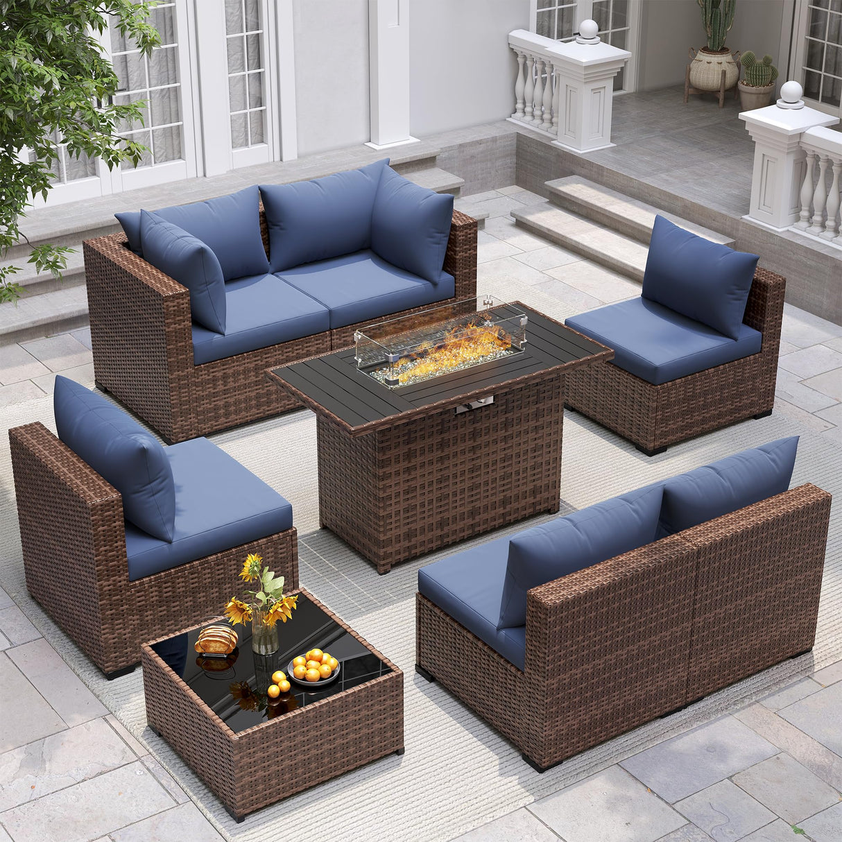UDPATIO Outdoor Patio Furniture Set with Fire Pit Table, 8 Piece Outdoor Sectional Sofas, All-Weather Wicker Patio Conversation Set for Garden, Backyard Navy Blue UDPATIO