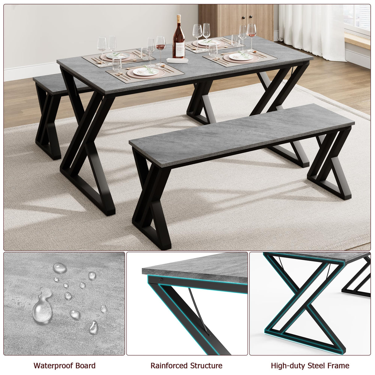 GarveeHome Kitchen Table with 2 Benches, Dining Table Set for 4, Saving Space Dining Room Table Set for Kitchen, Dining Room, Apartment, Sturdy Metal Frame, Grey GarveeHome