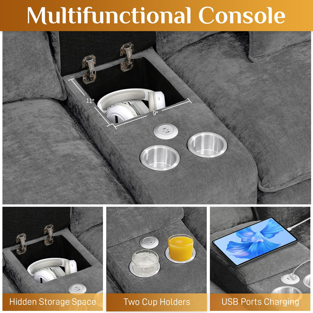 145" U Shaped Cloud Couch Sectionals Comfy Grey Sectional Couches for Living Room Modern Fluffy Oversized Modular Sofas, Chenille Large Big 6 Seat Sofa Set USB Port Central Console Ottoman ONEMMLION